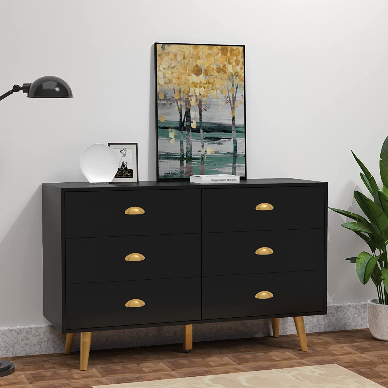 Black Dresser  6 Drawer Dresser for Bedroom with Wide Drawers and Metal Handles  Storage Chest of Drawers for Living Room Hallway Entryway