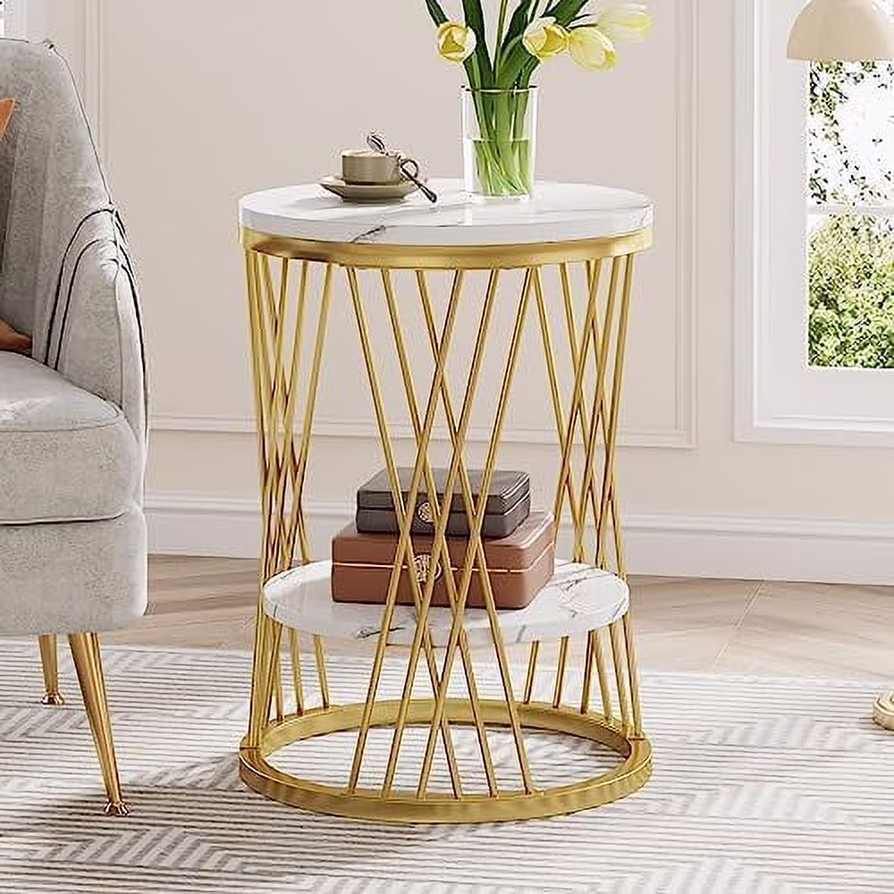 Round End Side Table  2 Tier Sofa Table with  Shelf  Modern White Gold Faux Marble Bedside Nightstand  Accent Table with Metal Frame for Living Room Bedroom