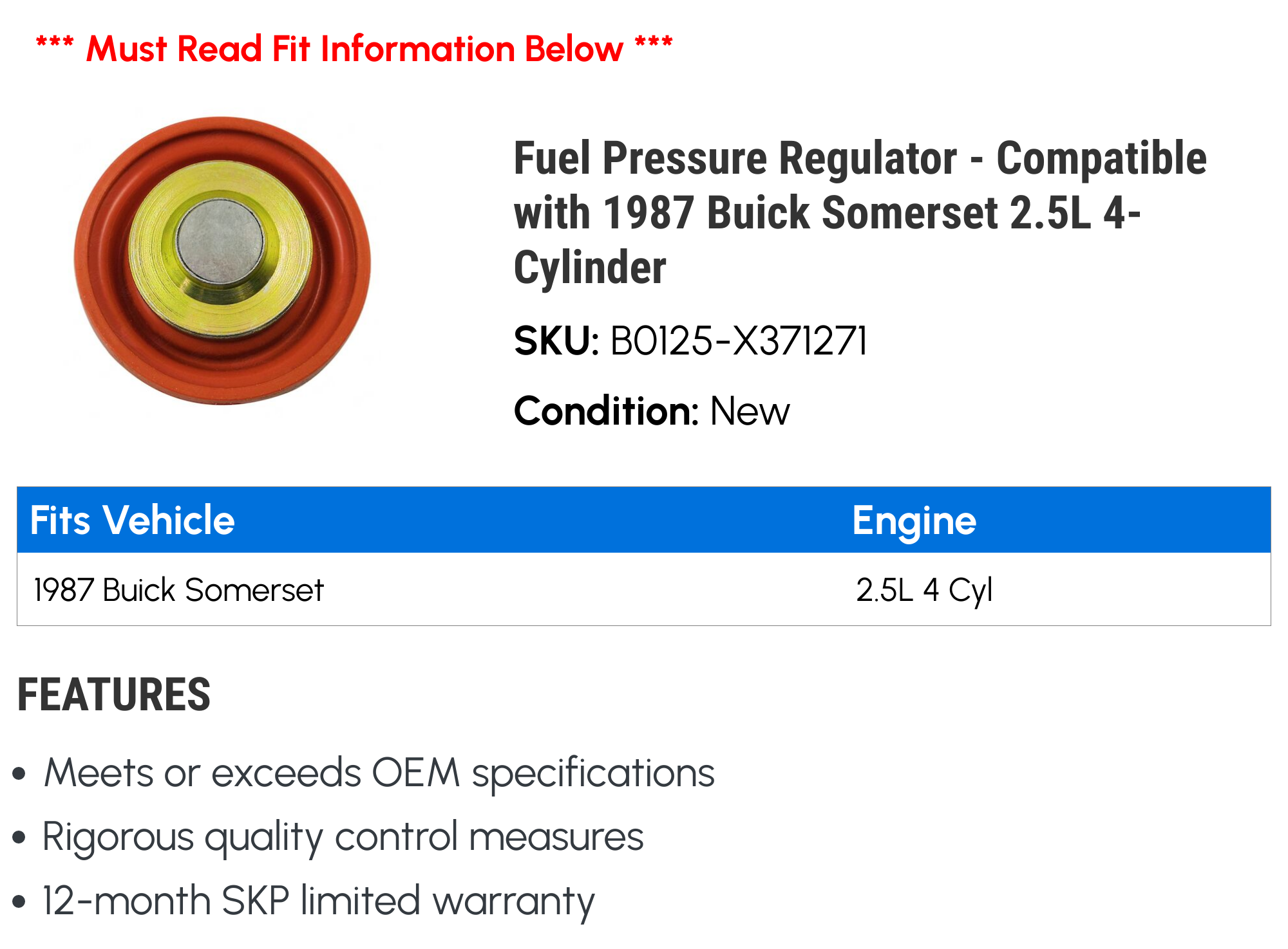 Fuel Pressure Regulator - Compatible with 1987 Buick Somerset 2.5L 4-Cylinder