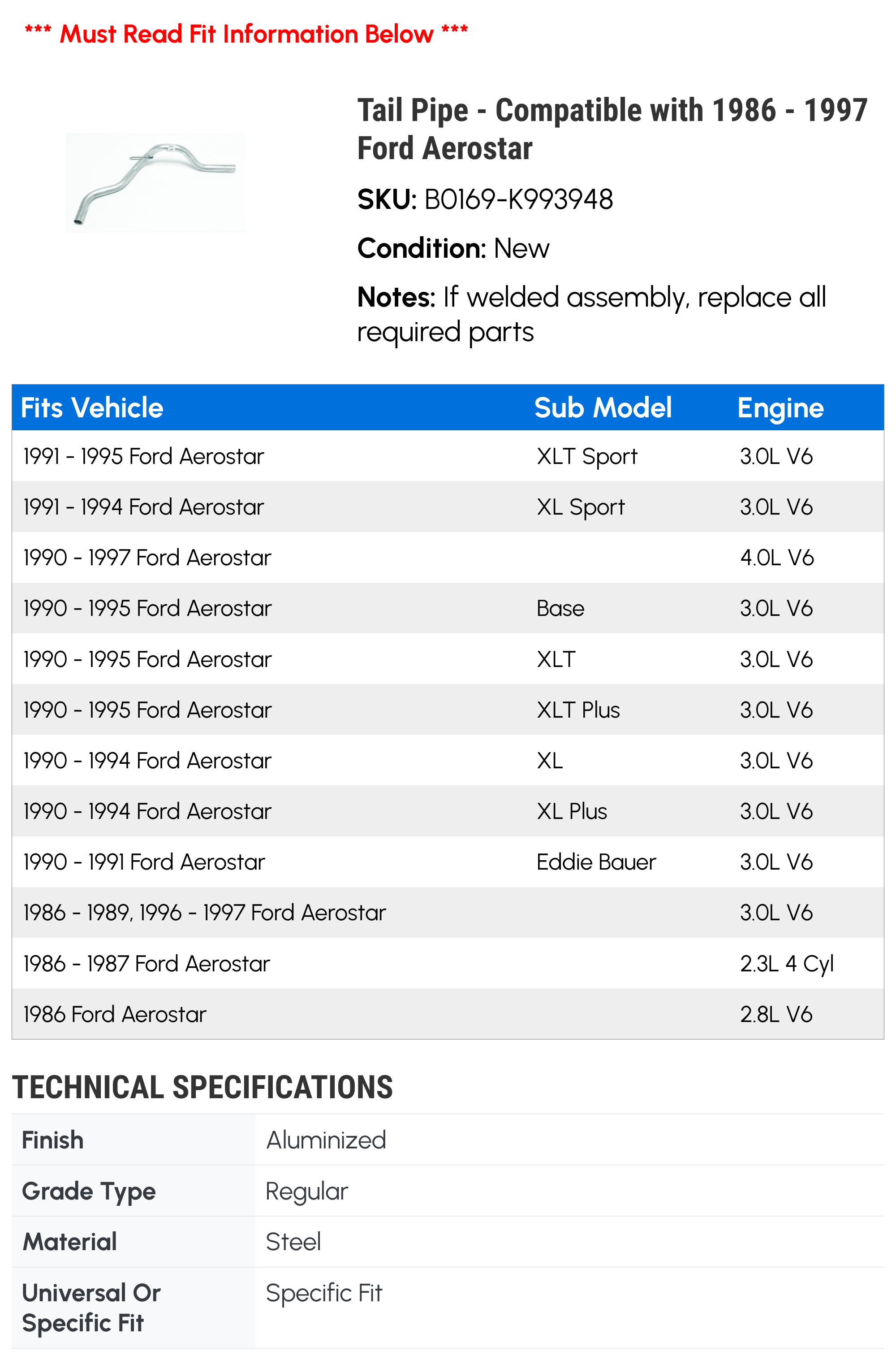 Tail Line - Compatible with 1986 - 1997 Ford Aerostar 1987 1988 1989 1990 1991 1992 1993 1994 1995 1996