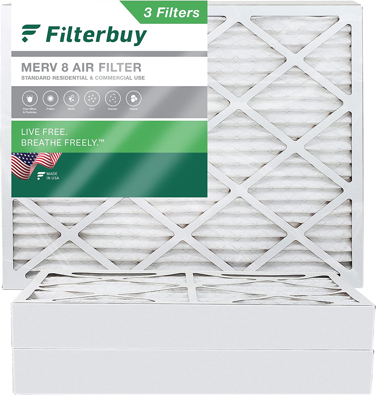 Filterbuy 16x21x4 MERV 8 Pleated HVAC AC Furnace Air Filters (3-Pack)