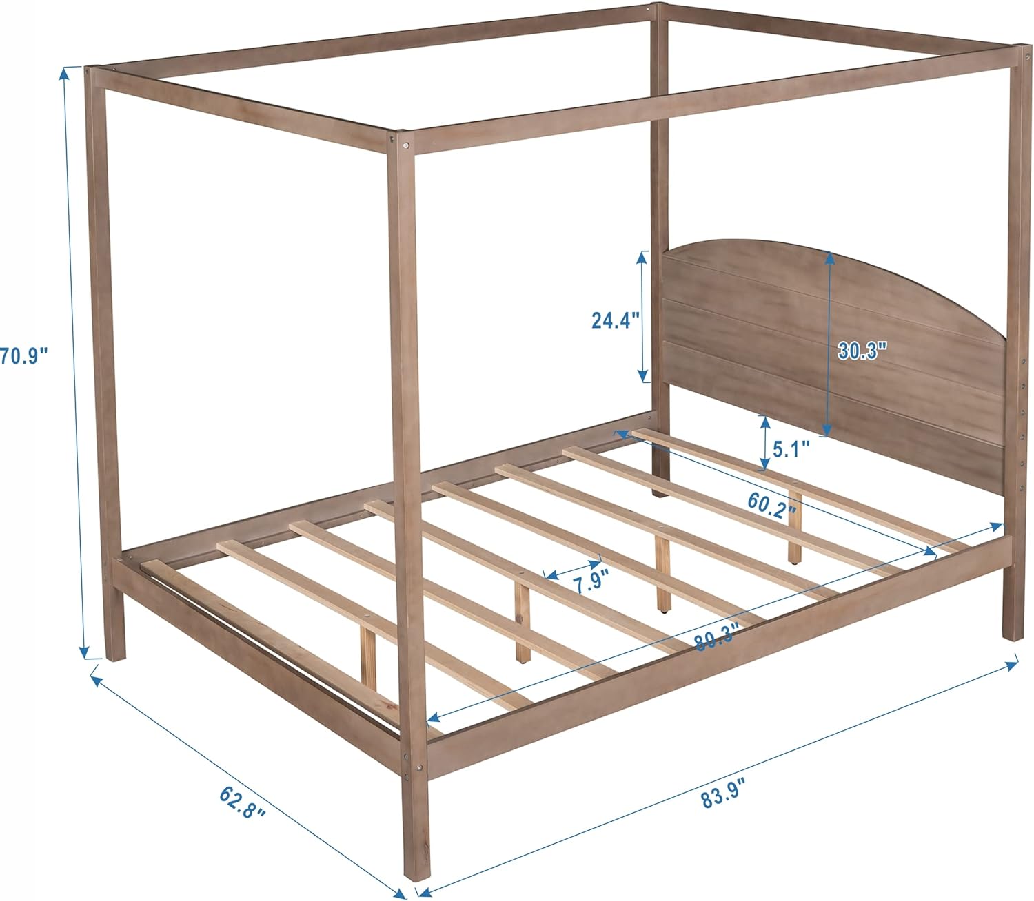Queen Canopy Bed With Headboard And Slat Support, 4-Post Canopy Bed Queen Size, Wood Queen Platform Bed Frame For Kids Teens Adults, No Box Spring Needed (Brown Wash)