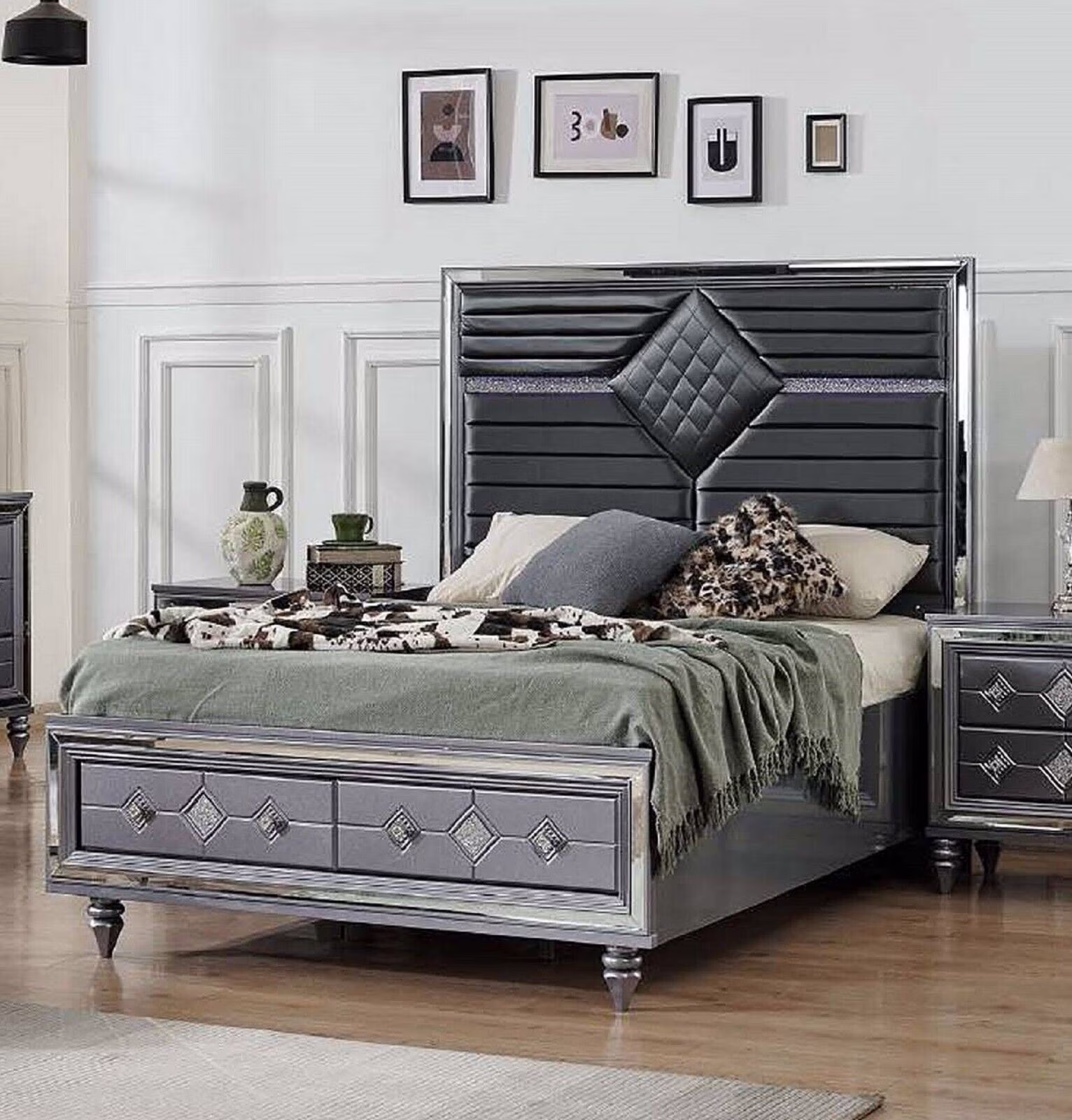 1pc Luxury Dark Gray Queen Modern Bed w/LED Headboard Bedroom Furniture
