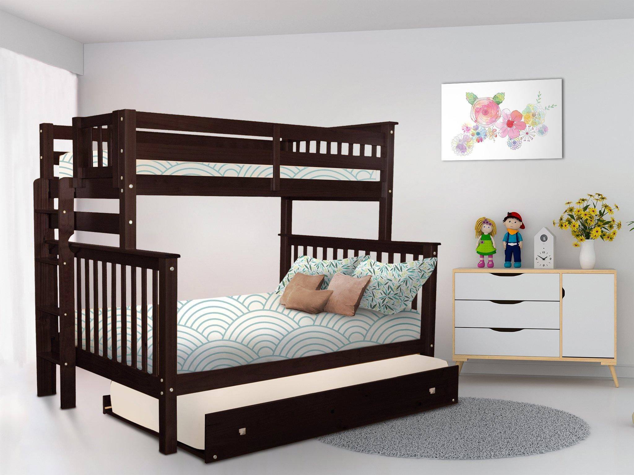 Bedz King Bunk Beds Twin over Full Mission Style with End Ladder and a Twin Trundle, Dark Cherry