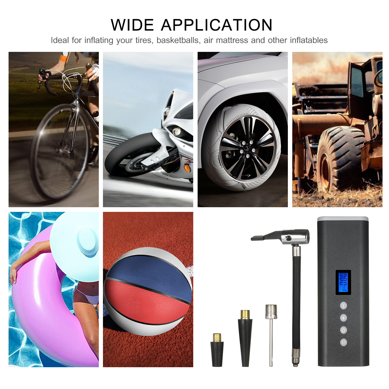 Portable Tire Inflator Air Compressor Hand Held Tire Pump 150PSI 2000mAh LCD Display with LED Light 4 Nozzles For Car Bicycle Tires Ball and Other Inflatables