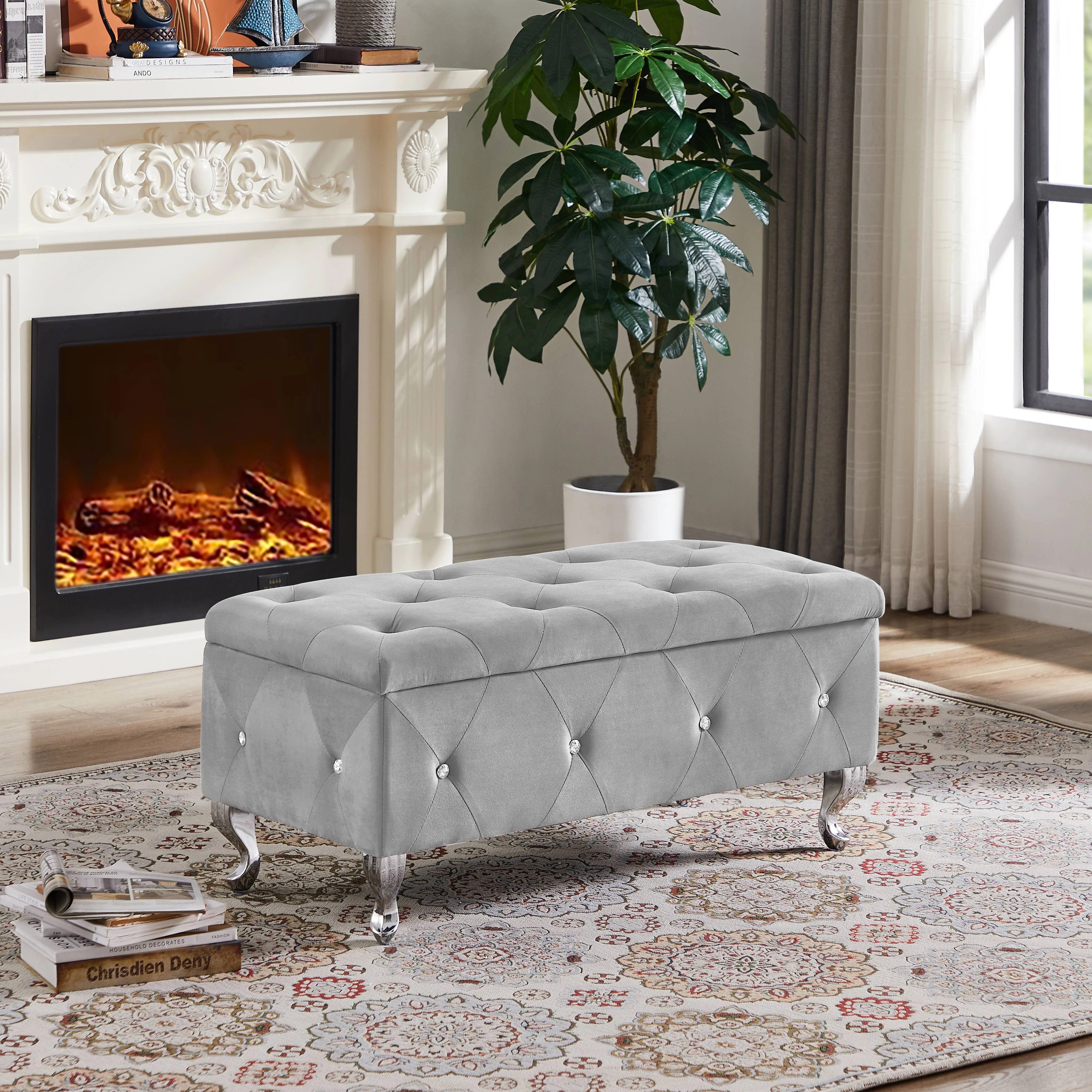 Seizeen Upholstered Storage Bench, Entryway Flip Top Bench with Safety Hinge, Storage Chest with Padded Seat, Bed End Ottoman with Storage for Bedroom, Holds up to 250lb, Silver Velvet, L0262