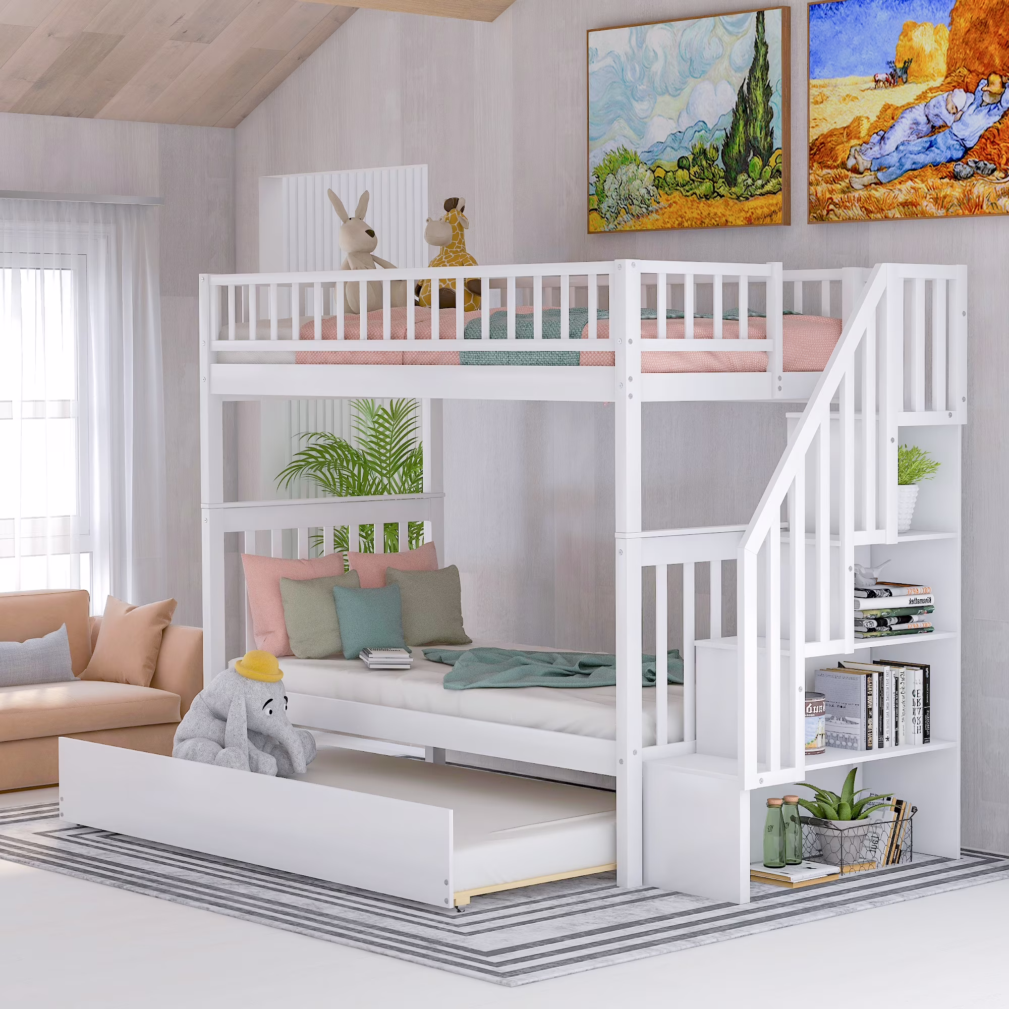 Euroco Twin over Twin Bunk Bed with Trundle and Storage Shelves for Kids Room, White