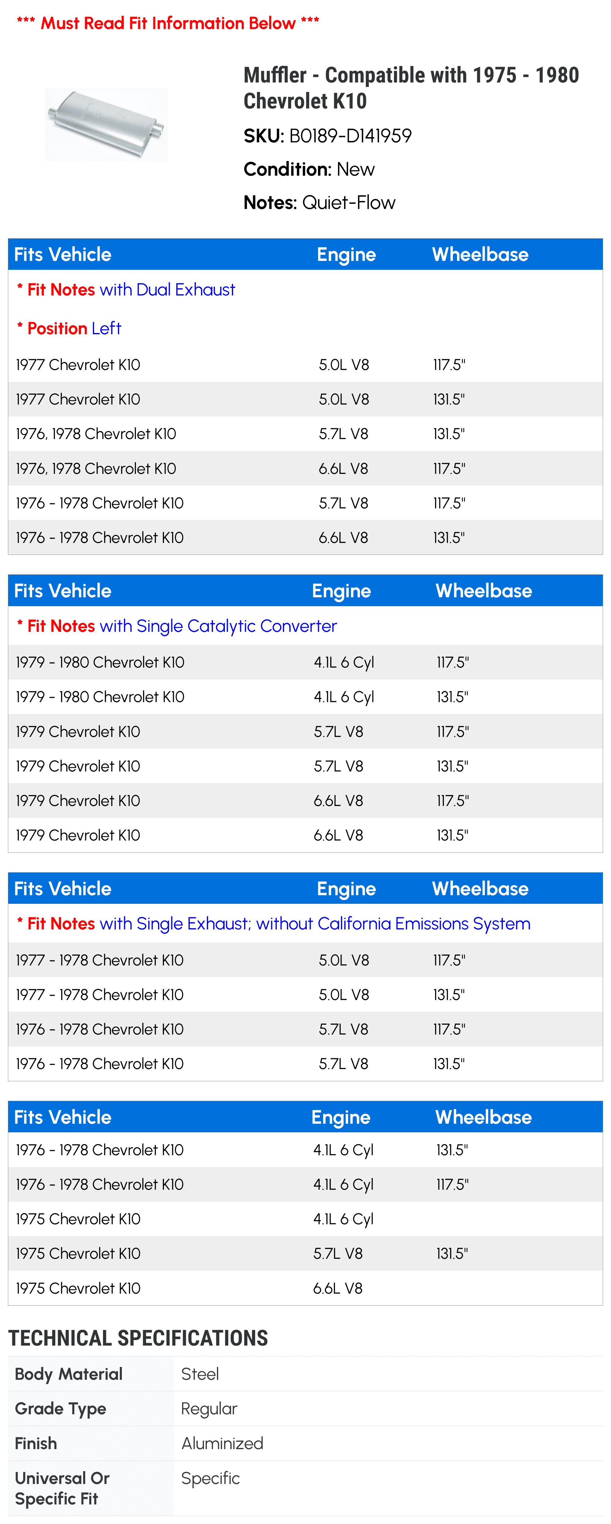 Muffler - Compatible with 1975 - 1980 Chevy K10 1976 1977 1978 1979