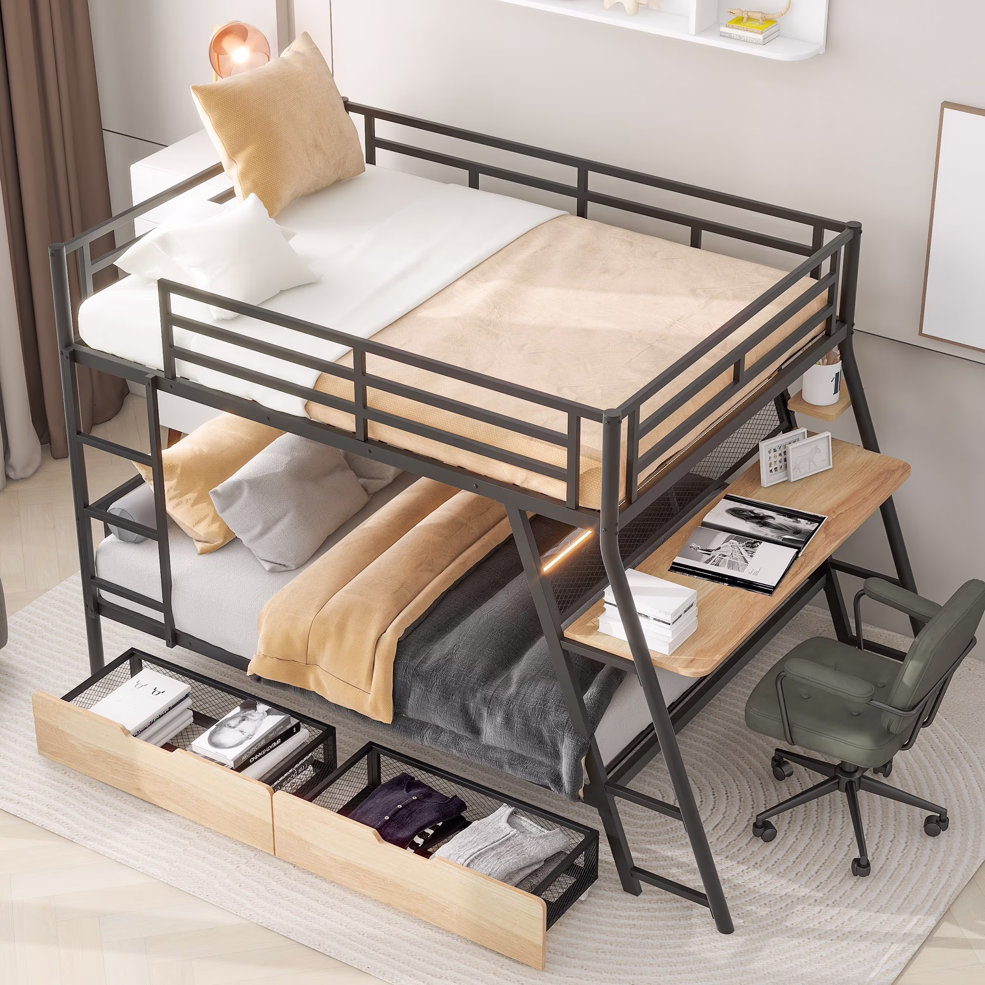 Nestfair Black Full Size Metal Bunk Bed with Desk, Light and 2 Drawers
