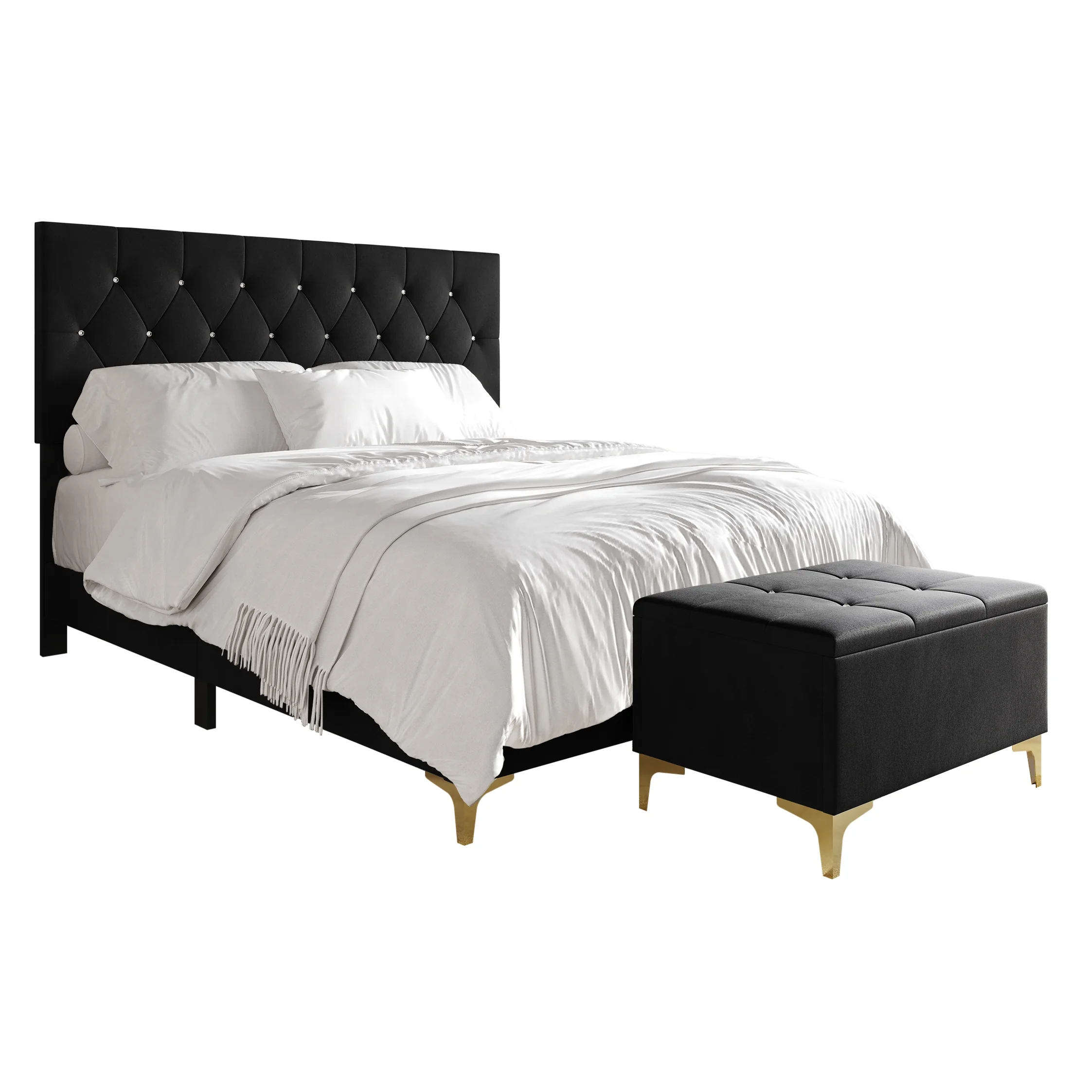 Castle Place Contemporary Crystal Queen Size Velvet Upholstered Bed with Storage Bench, Black