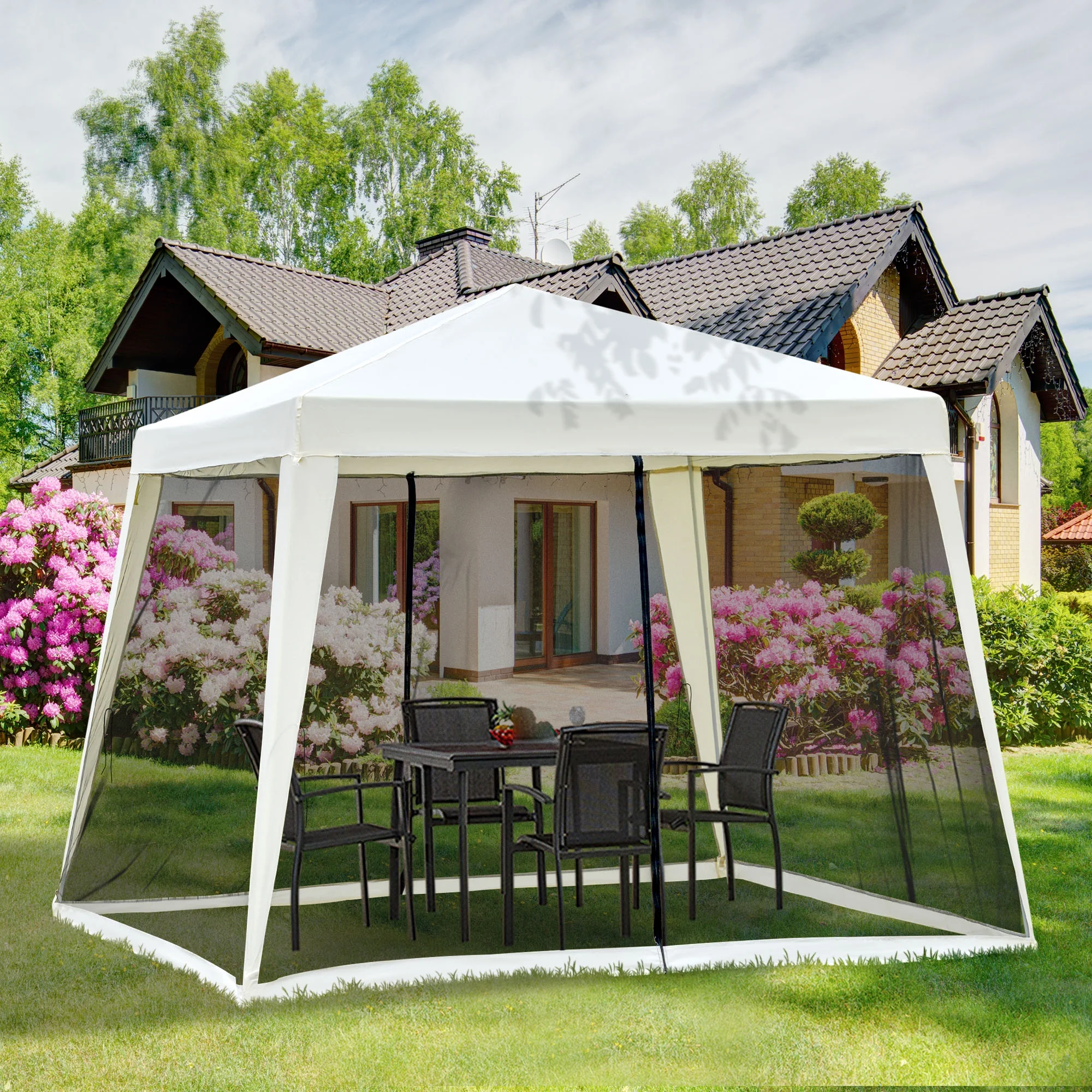 10' x 10' Folding Slant Leg Screened Sun Shelter Canopy Tent with Mesh Sidewalls