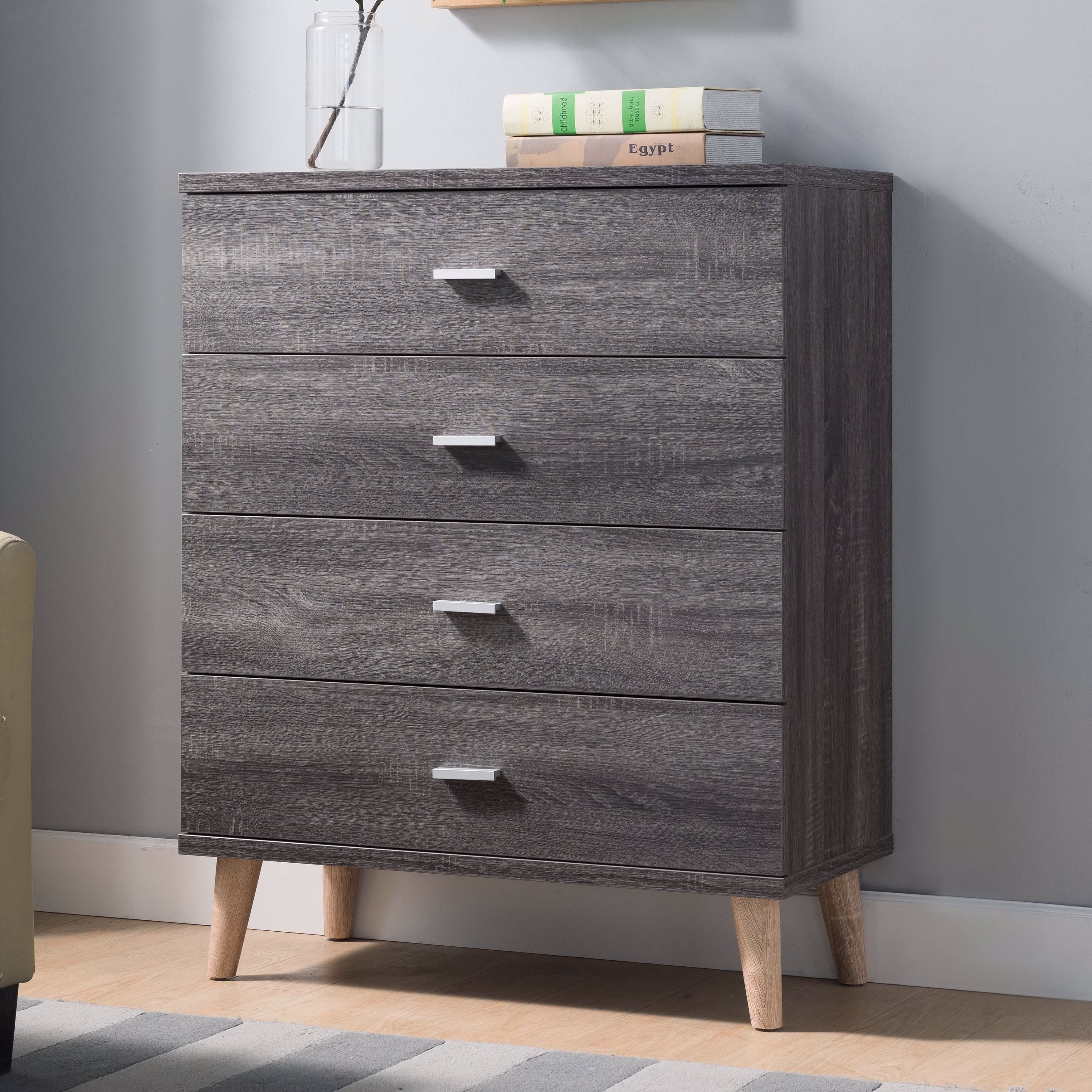 Denhour DH BASIC Mid-Century Modern Distressed Grey 4-Drawer Chest with Bar Pulls by