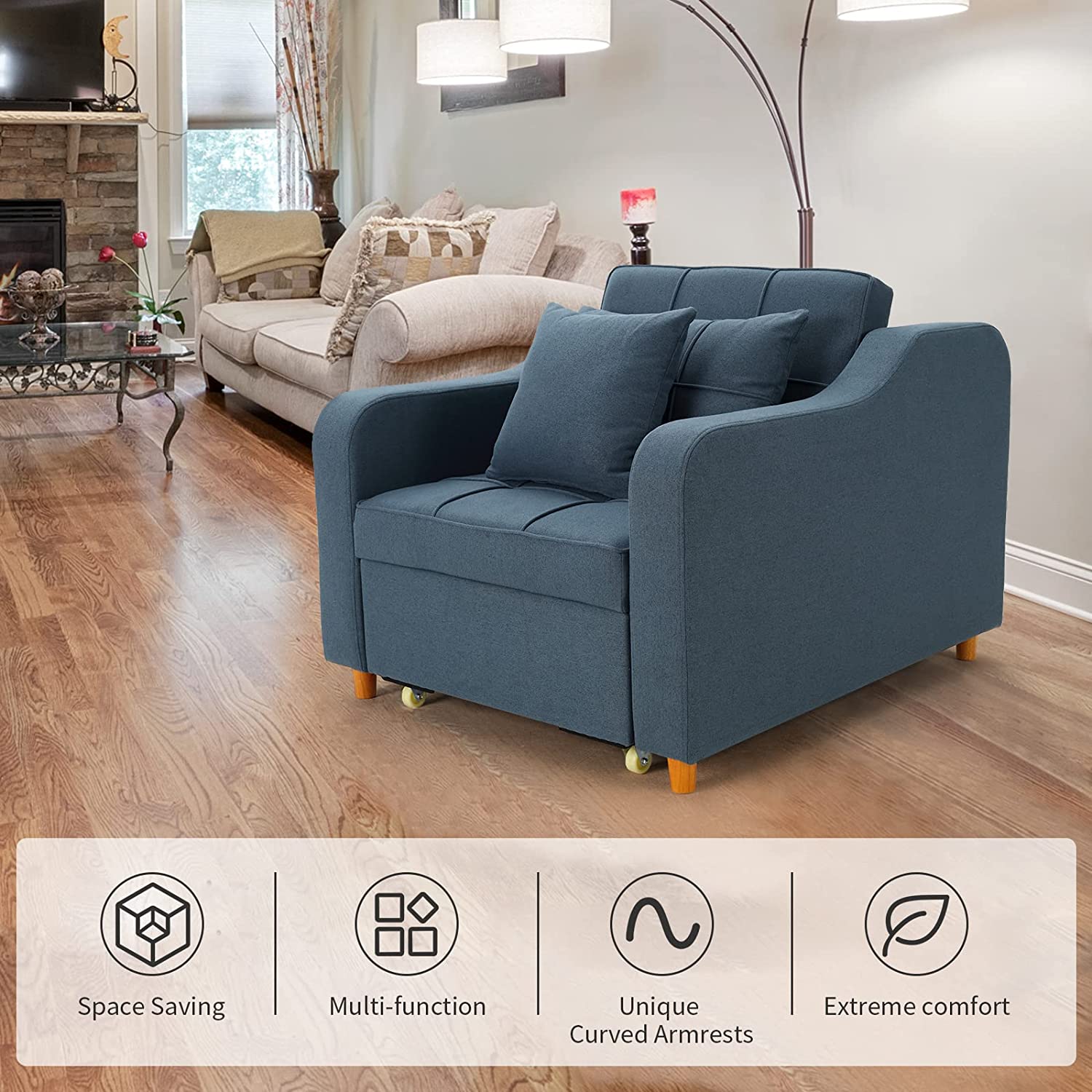 Homrest 3-in-1 Convertible Chair Multi-Functional Sofa Bed Adjustable Recliner(Blue Grey)