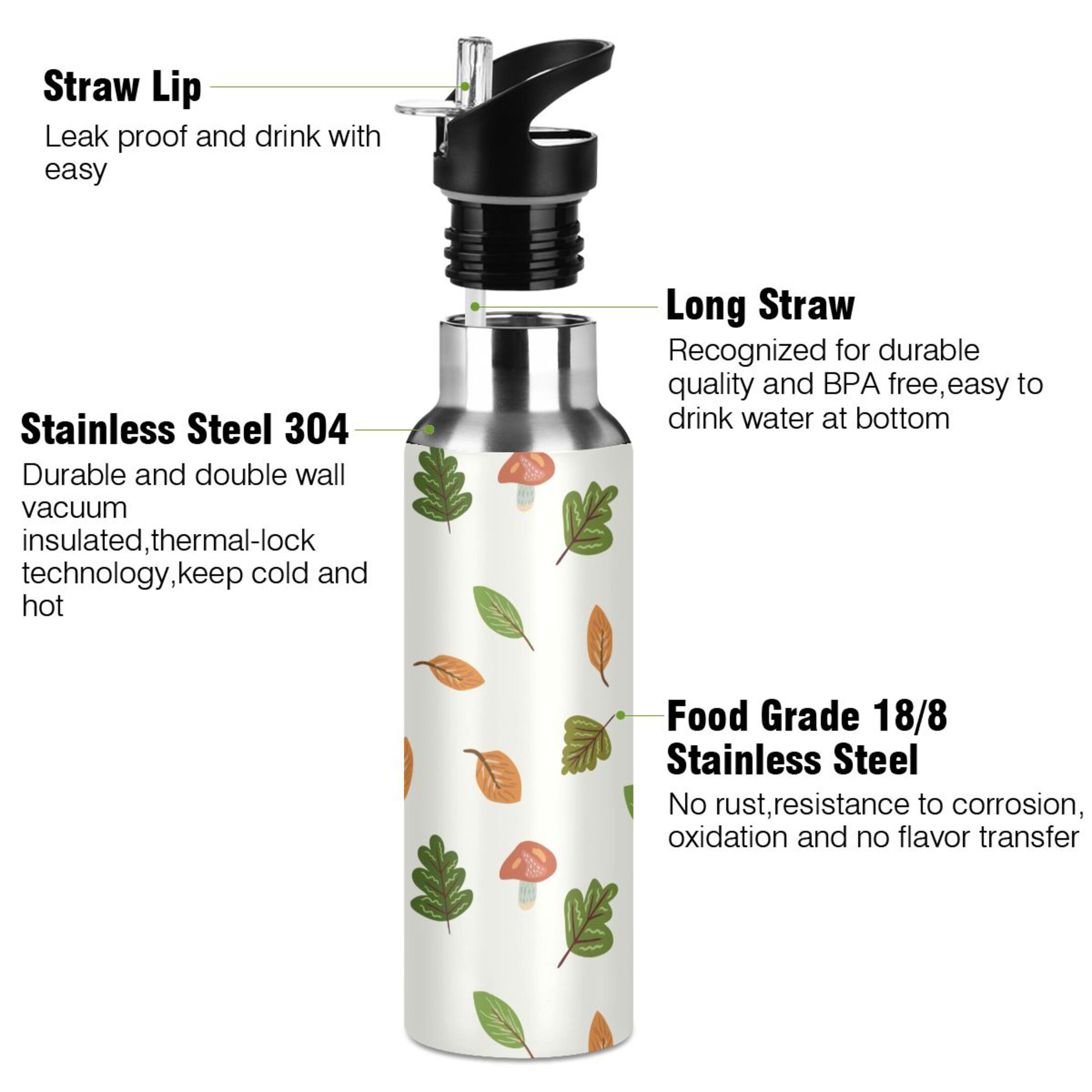Mushrooms and Leaves Water Bottles Insulated Thermos Kids Stainless Steel Bottle with Straw Lid Flask Leakproof for Sports Gym 20 oz