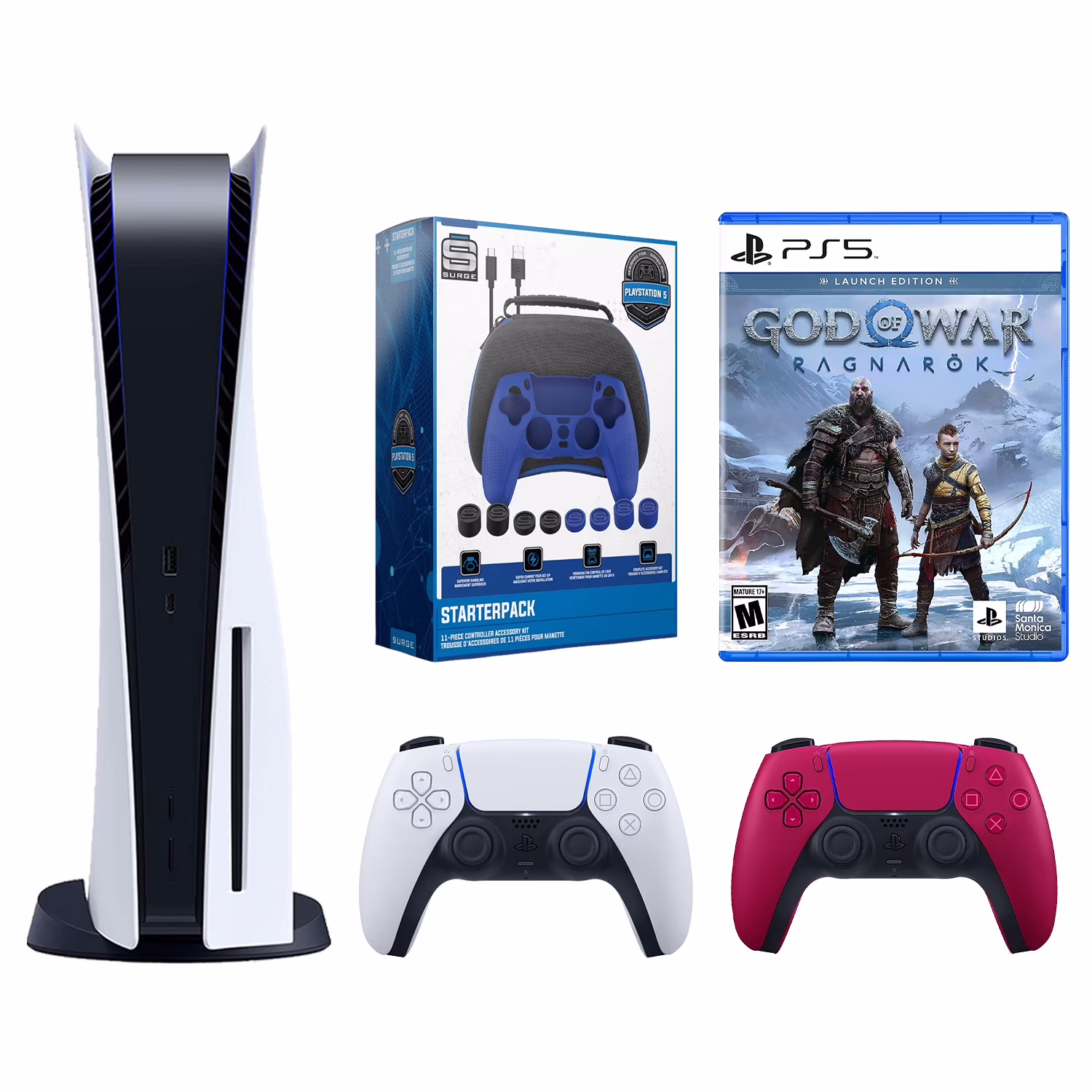Sony Playstation 5 Disc with God of War Ragnarök Launch Edition, Extra Controller and Gamer Starter Pack Bundle - Cosmic Red