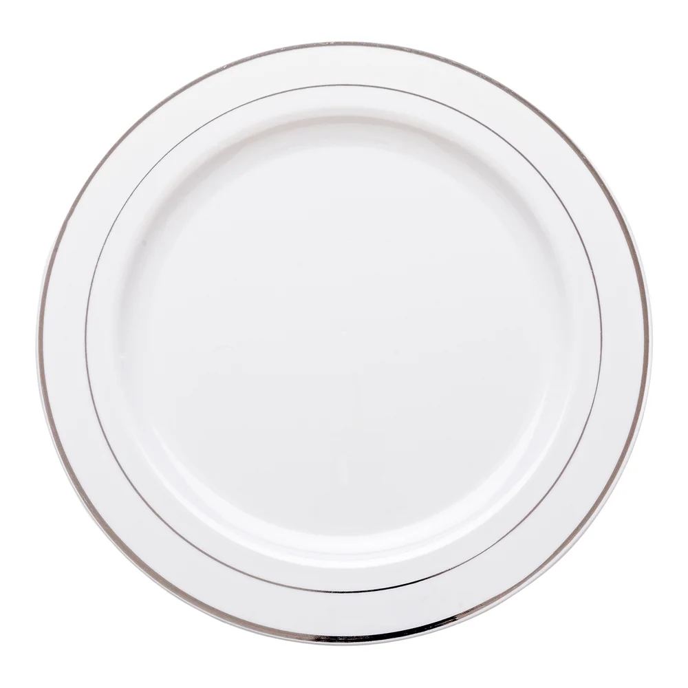 Round White Plastic Silver-Rimmed Plate - 10 1/2