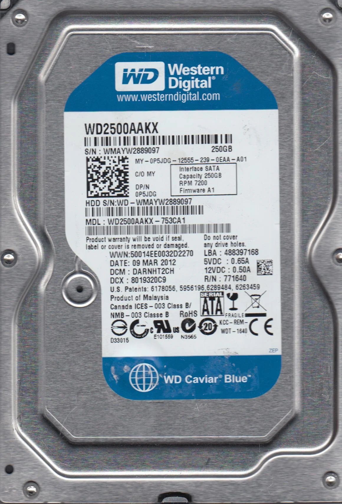 WD2500AAKX-753CA1, DCM DARNHT2CH, Western Digital 250GB SATA 3.5 Hard Drive