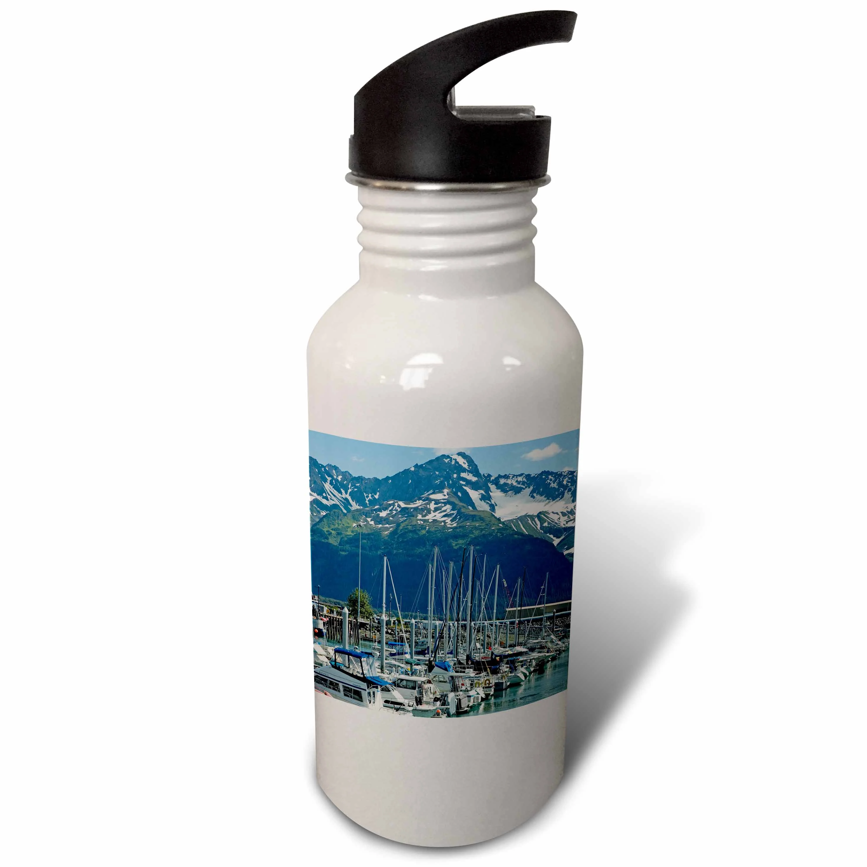Boats at the pier in Seward Alaska against snow capped mountains 21 oz Sports Water Bottle wb-224751-1
