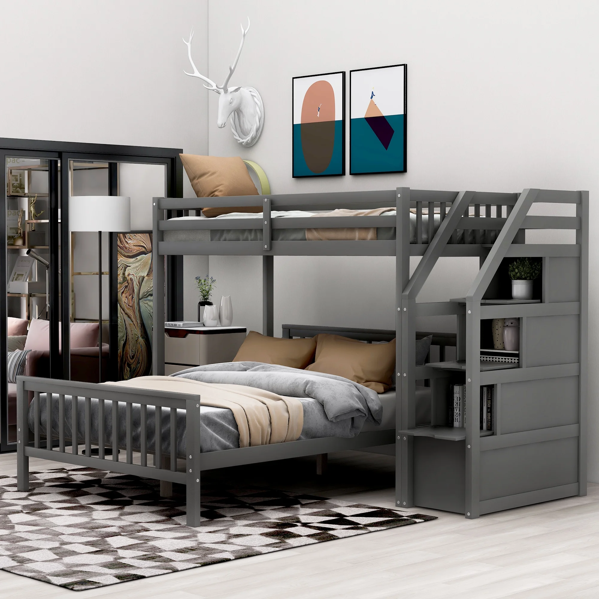 Cosymart Twin over Full Loft Bed with Staircase,Gray(OLD SKU:SM000107AAE)
