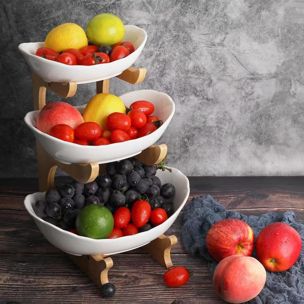 3 Tire Fruit Bowl Ceramic Fruit Basket Bowl With Natural Bamboo Stand Kitchen Storage Stand Bowl