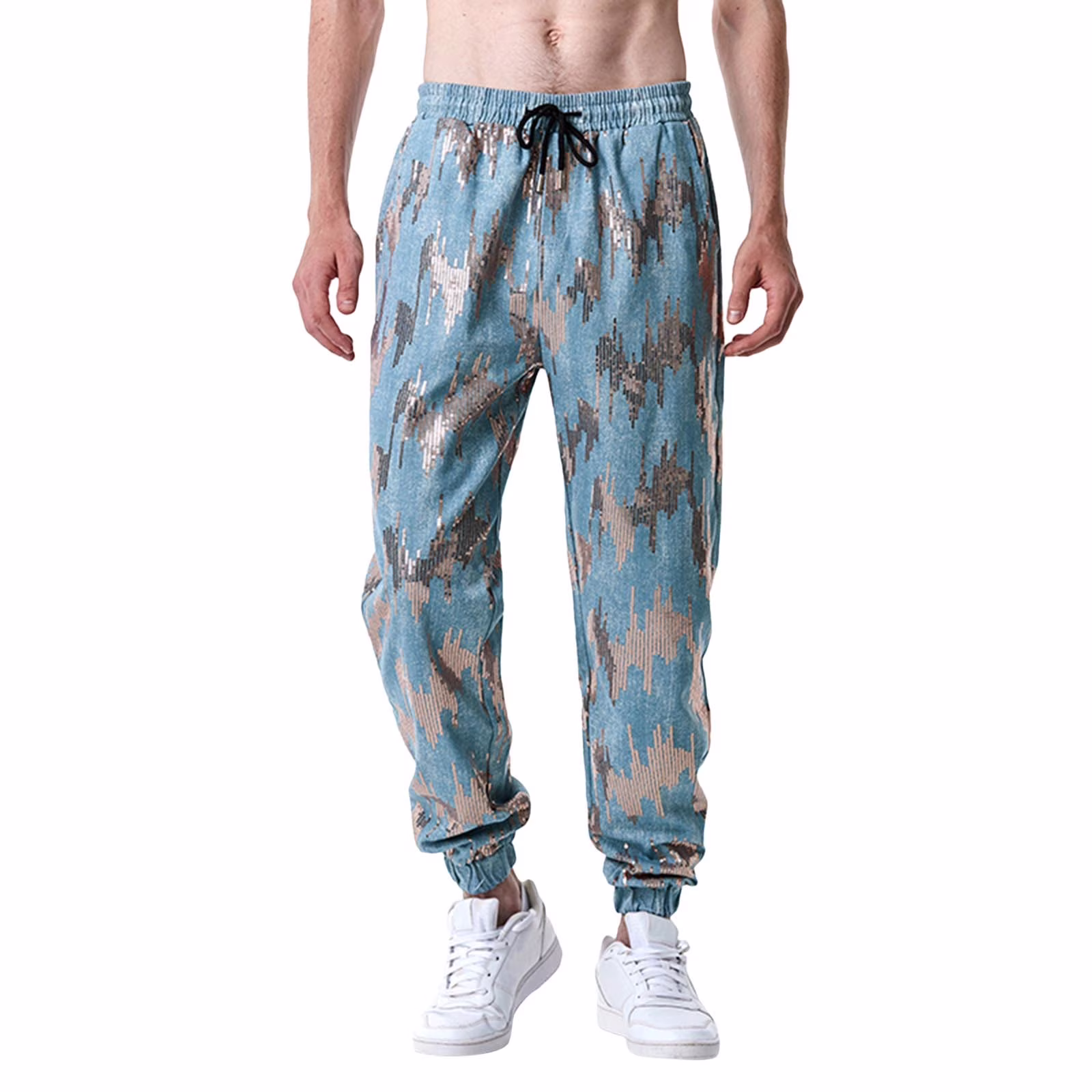 Mens Loose Sequins Leggings Youth Fashion Casual Dance Party Leggings Pants Sweatpants Blue M