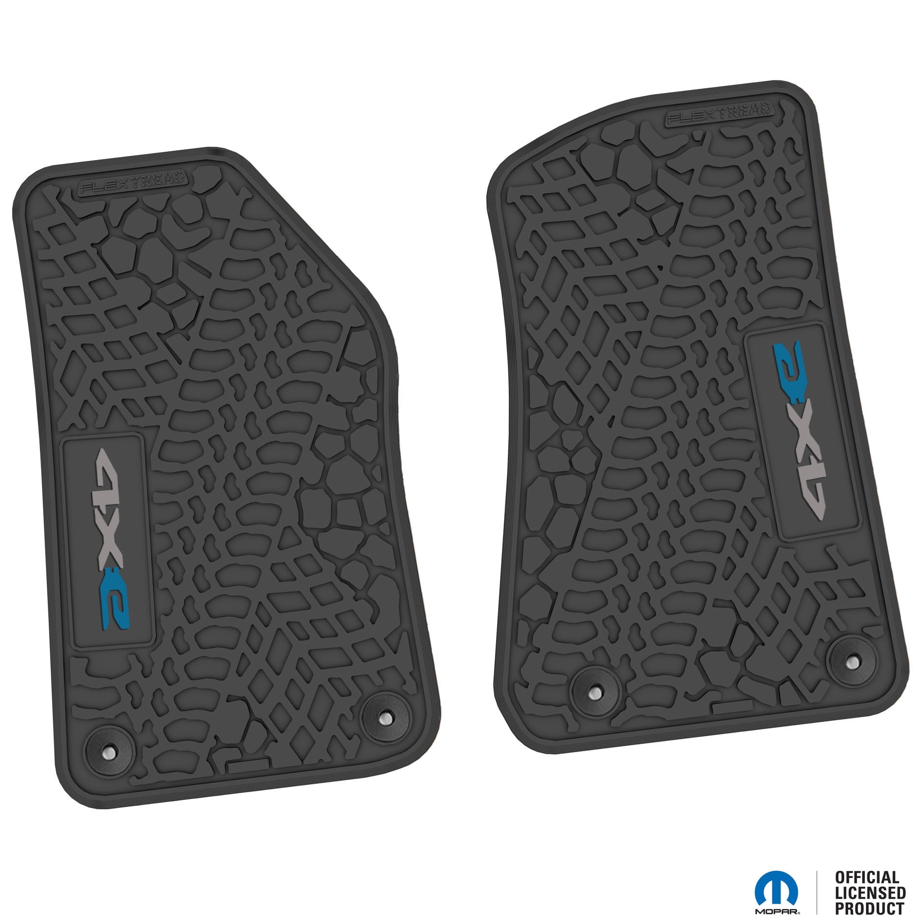 Jeep Floor Mats 18-24 Jeep Wrangler JL 2 Dr 2 Piece Tire Tread/Scorched Earth Scene w/ 4xe Insert - Black w/ Silver '4x' & Dark Blue 'e' Insert FlexTread