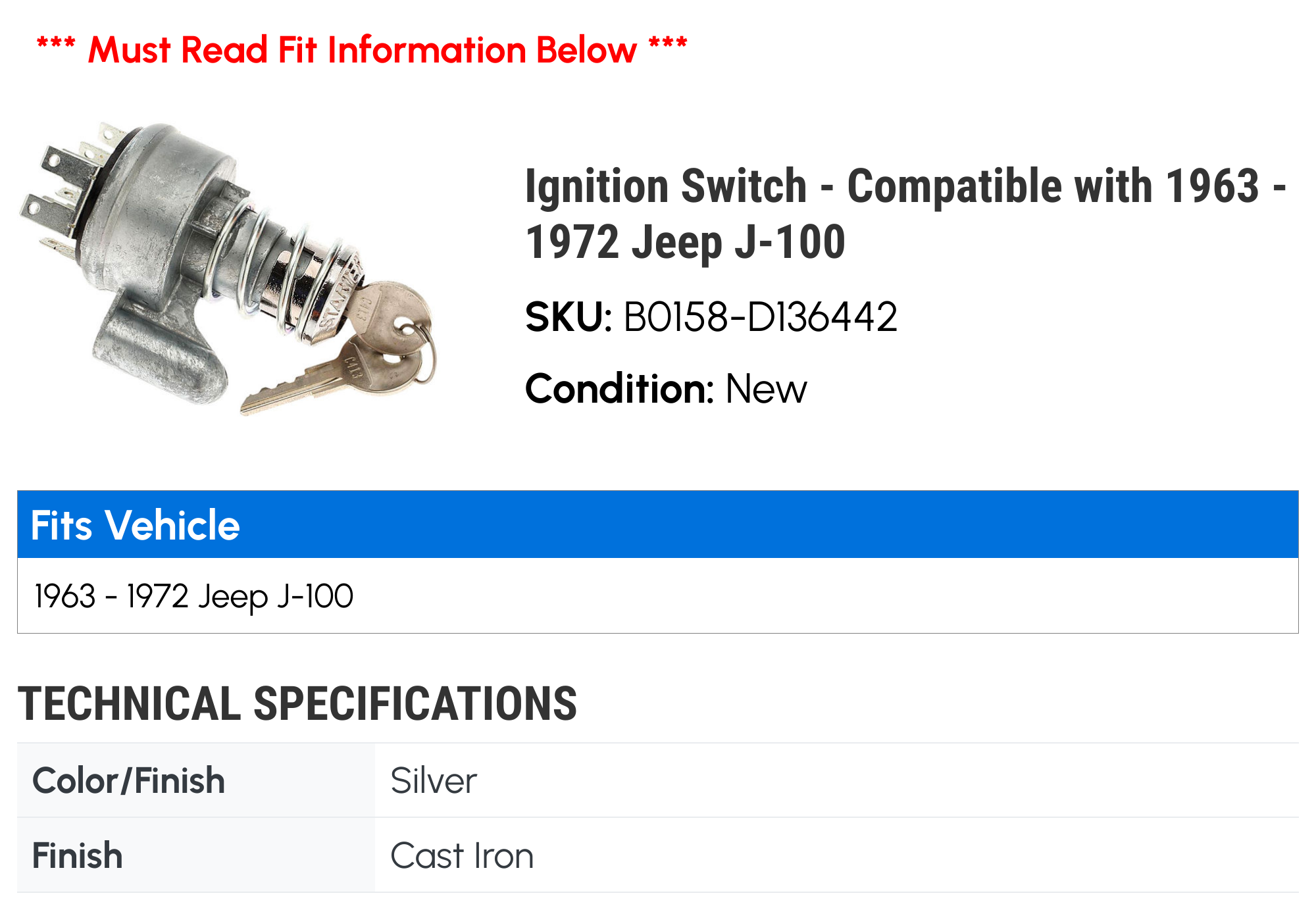 Ignition Switch - Compatible with 1963 - 1972 Jeep J-100 1964 1965 1966 1967 1968 1969 1970 1971