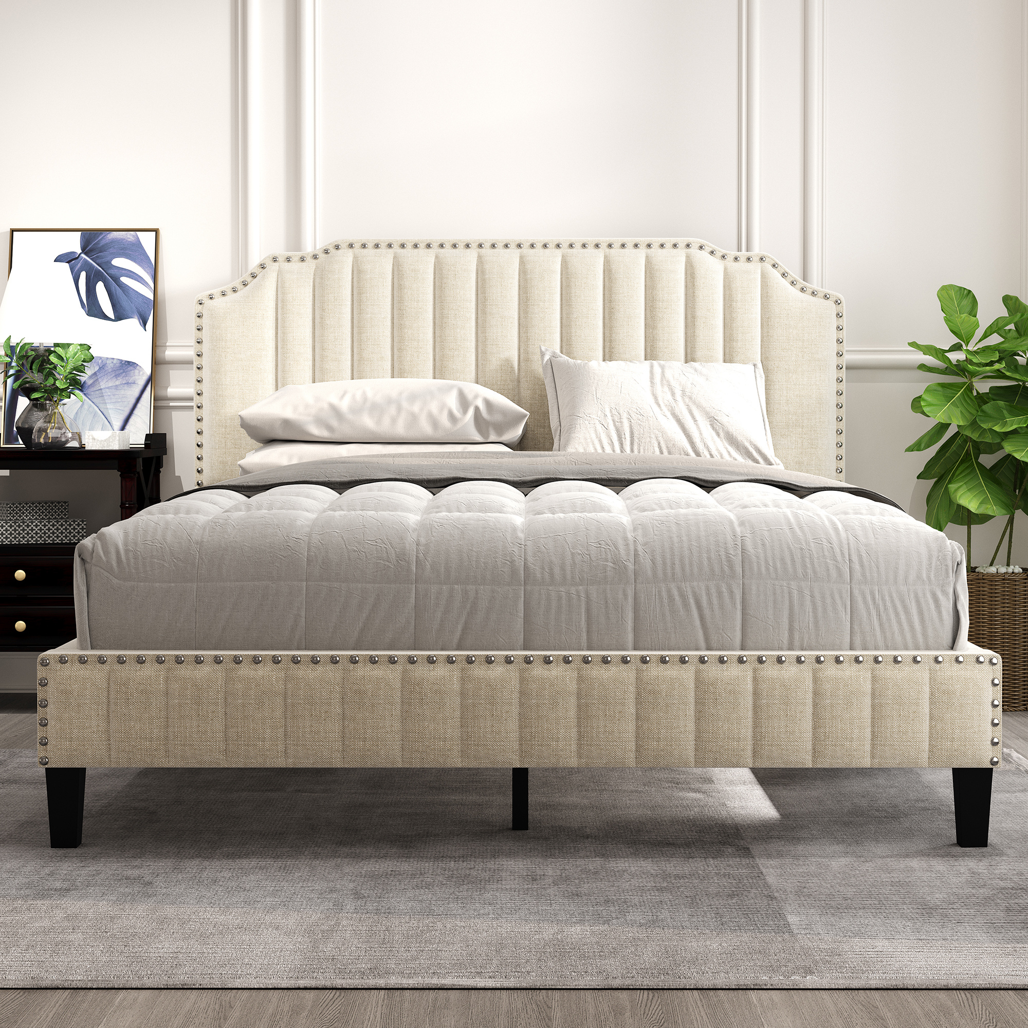 LANTRO JS Modern Linen Curved Upholstered Platform Bed, Solid Wood Frame, Nailhead Trim, Cream (Queen)