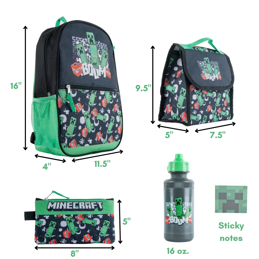 Minecraft Kids Backpack with Lunch Bag Water Bottle and Pencil Pouch 5 Pc 16 inch Black