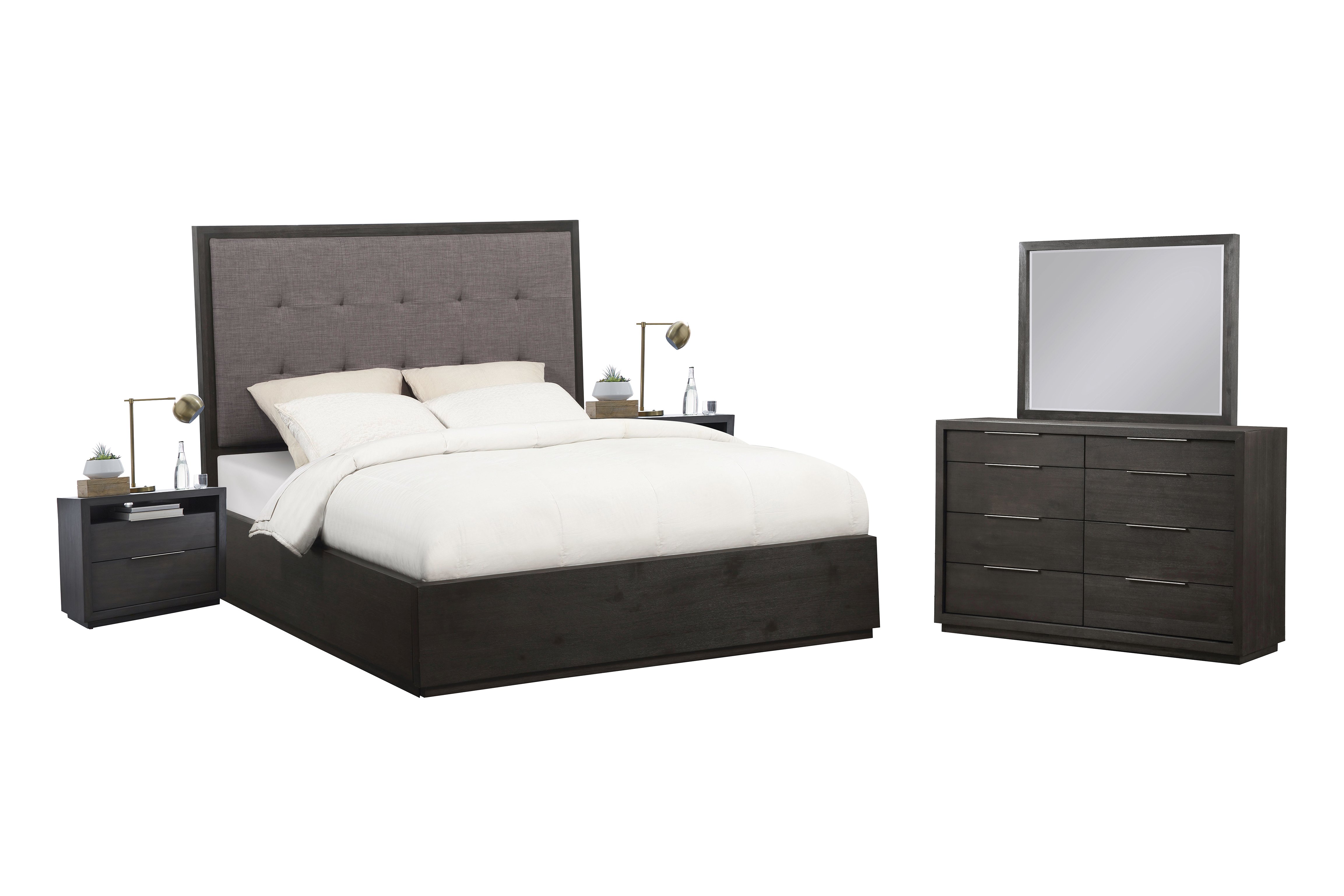 Outbound 5PC Cal King Storage Bed, 2 Nightstand, Dresser & Mirror Set in Weathered Grey