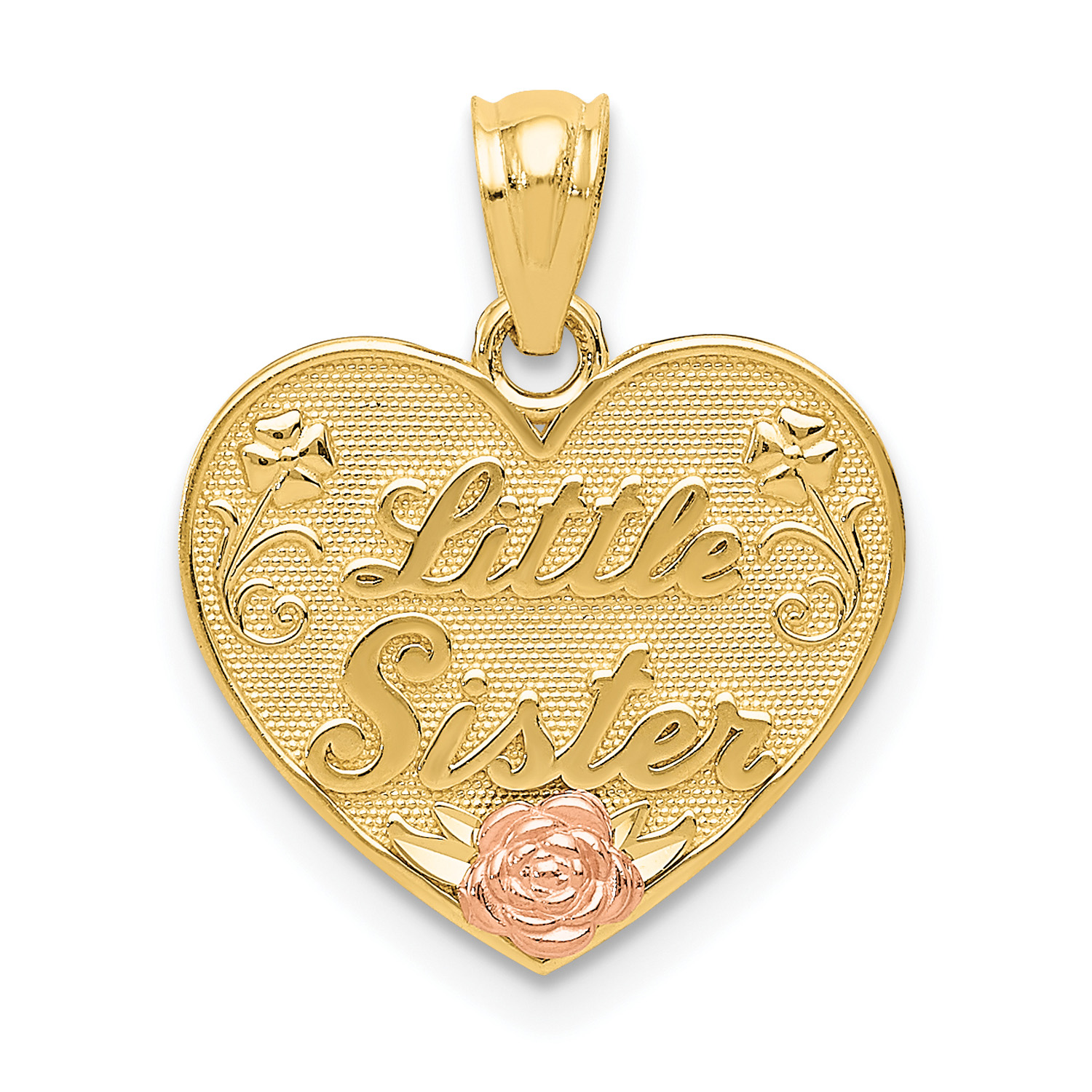 14K Two-Tone Gold Two-Tone Little Sister Heart Pendant (20mm x 15mm) With 10K Yellow Gold Lightweight Rope Chain 18