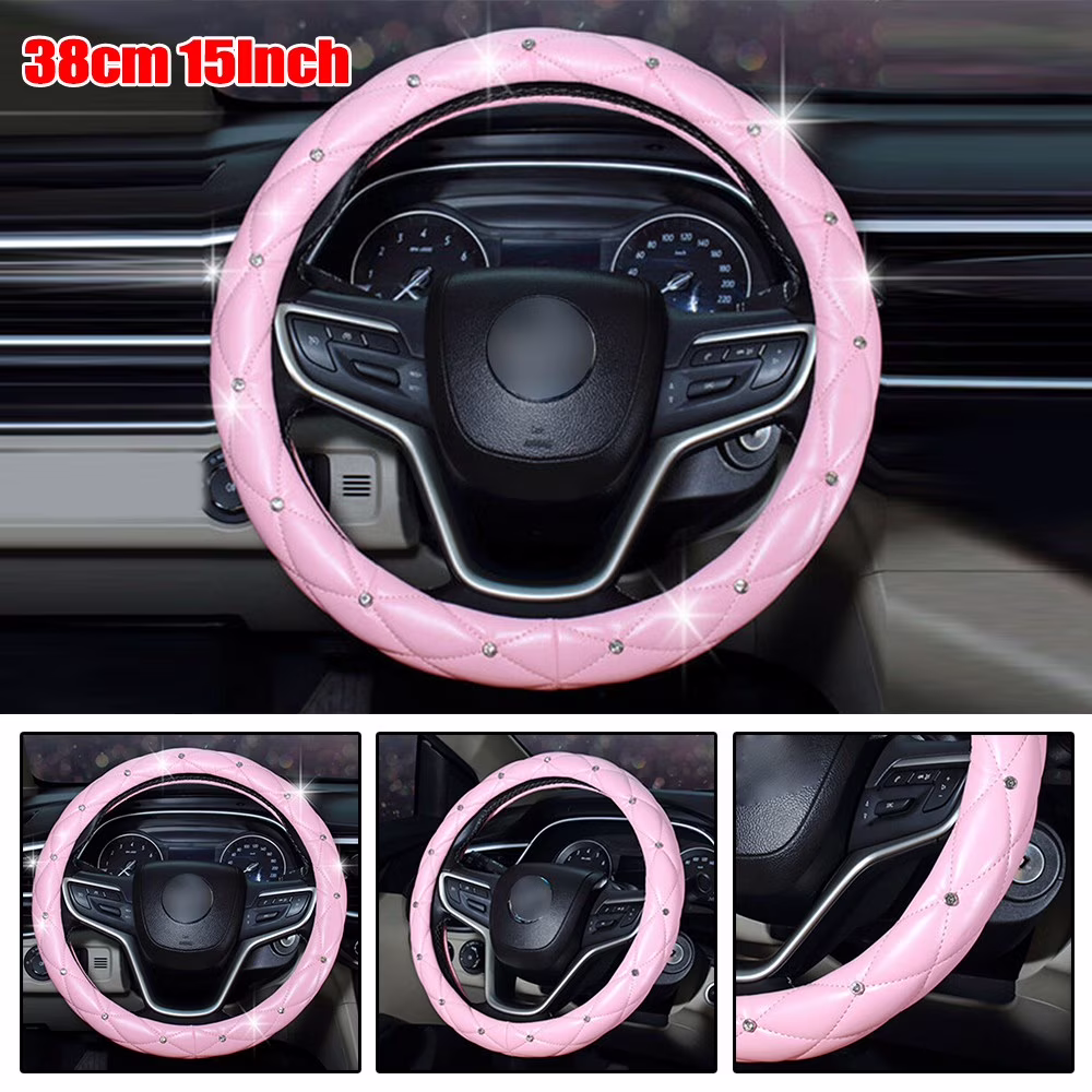 Pink Car Steering Wheel Cover 38cm/15Inch PU Leather Bling W/ Rhinestone Decor