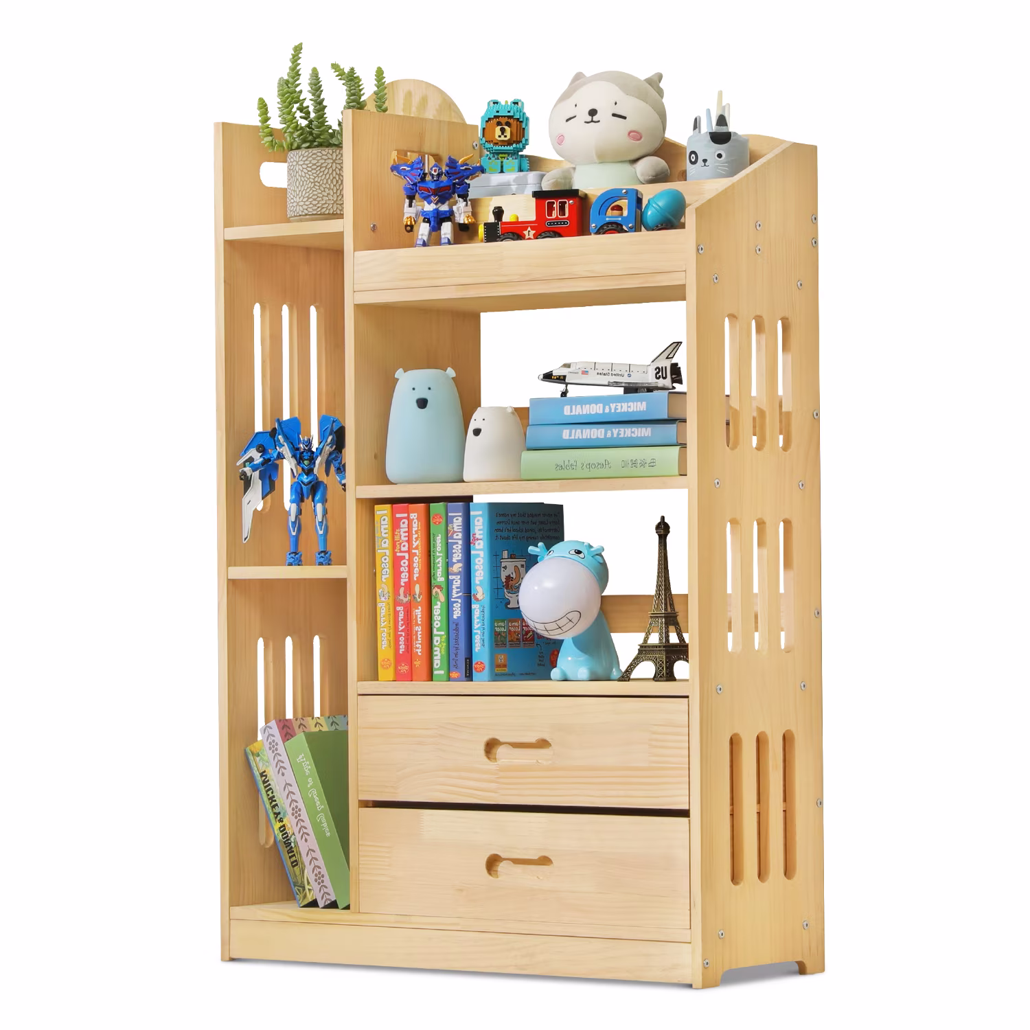 Magshion Wood 4 Tiers 2 Drawers Bookshelf, Toys Books Display Storage Bookcase, Natural, for Home