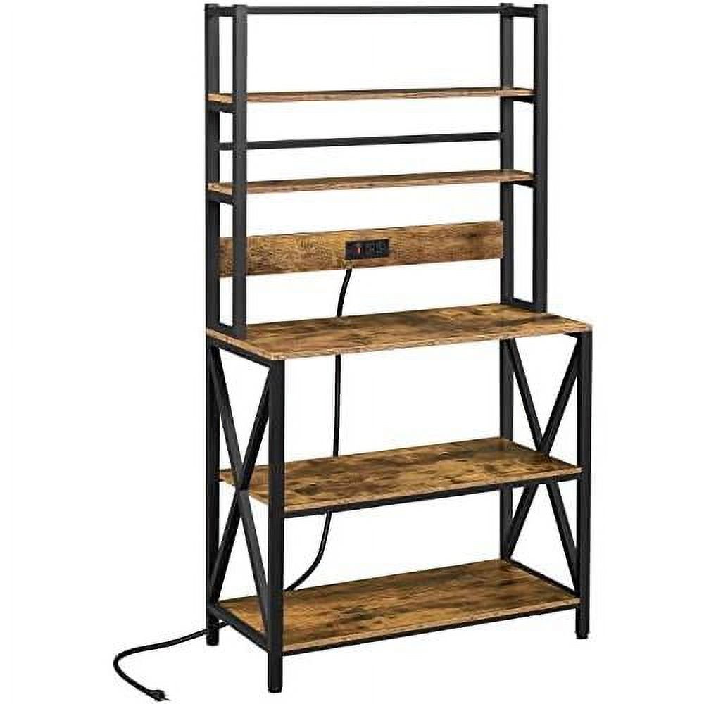 5 Tiers Kitchen Bakers Rack With Power Outlet, Kitchen Storage Rack Coffee Bar Table With Storage Shelves, Microwave Stand Kitchen Organizer Shelves For Spices, Pots And Pans, Rustic Brown
