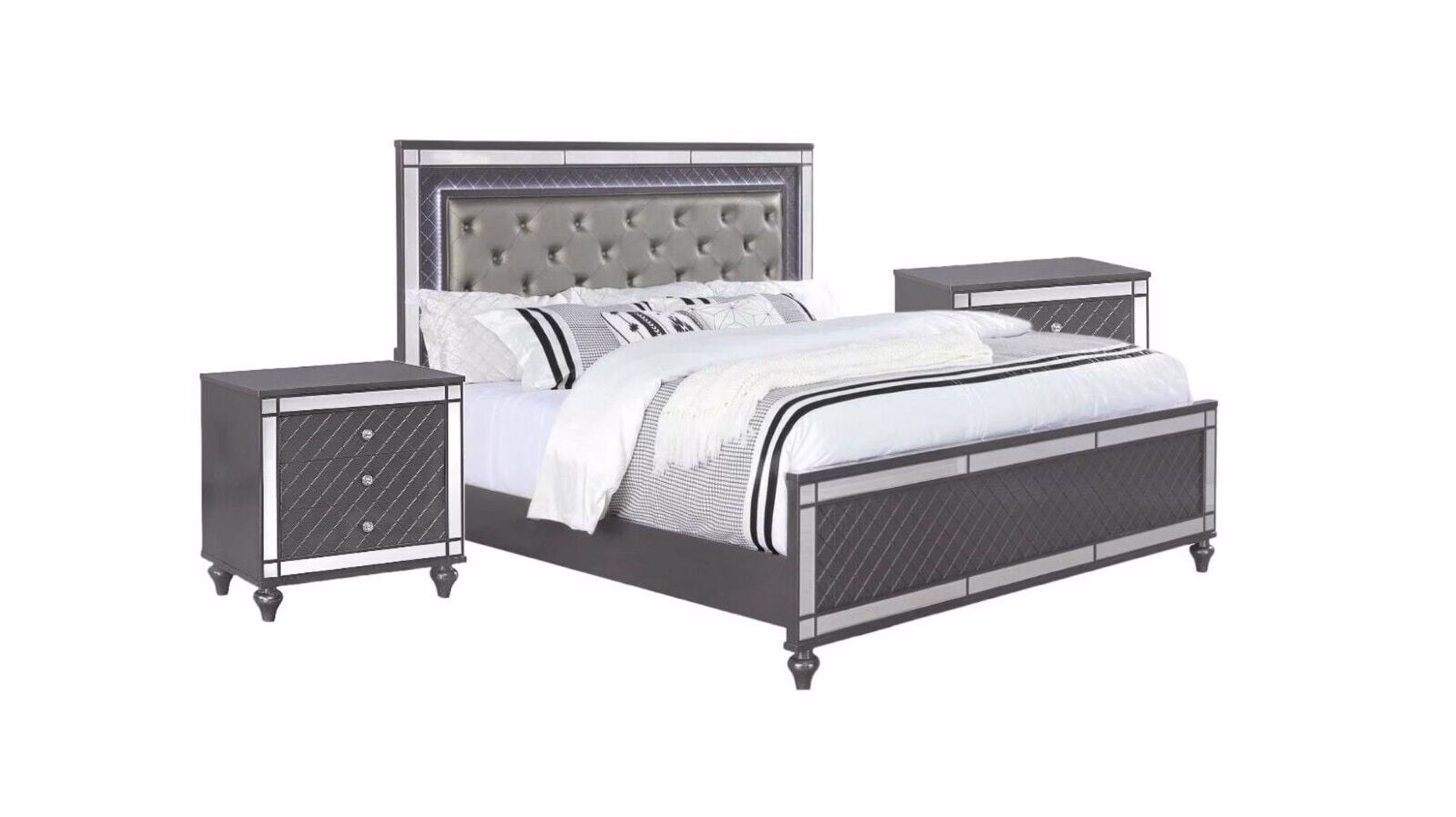 3pc Modern Glam Style LED HB Gray Charcoal Panel Finish Crocodile Texture Queen Size Panel Bed Set