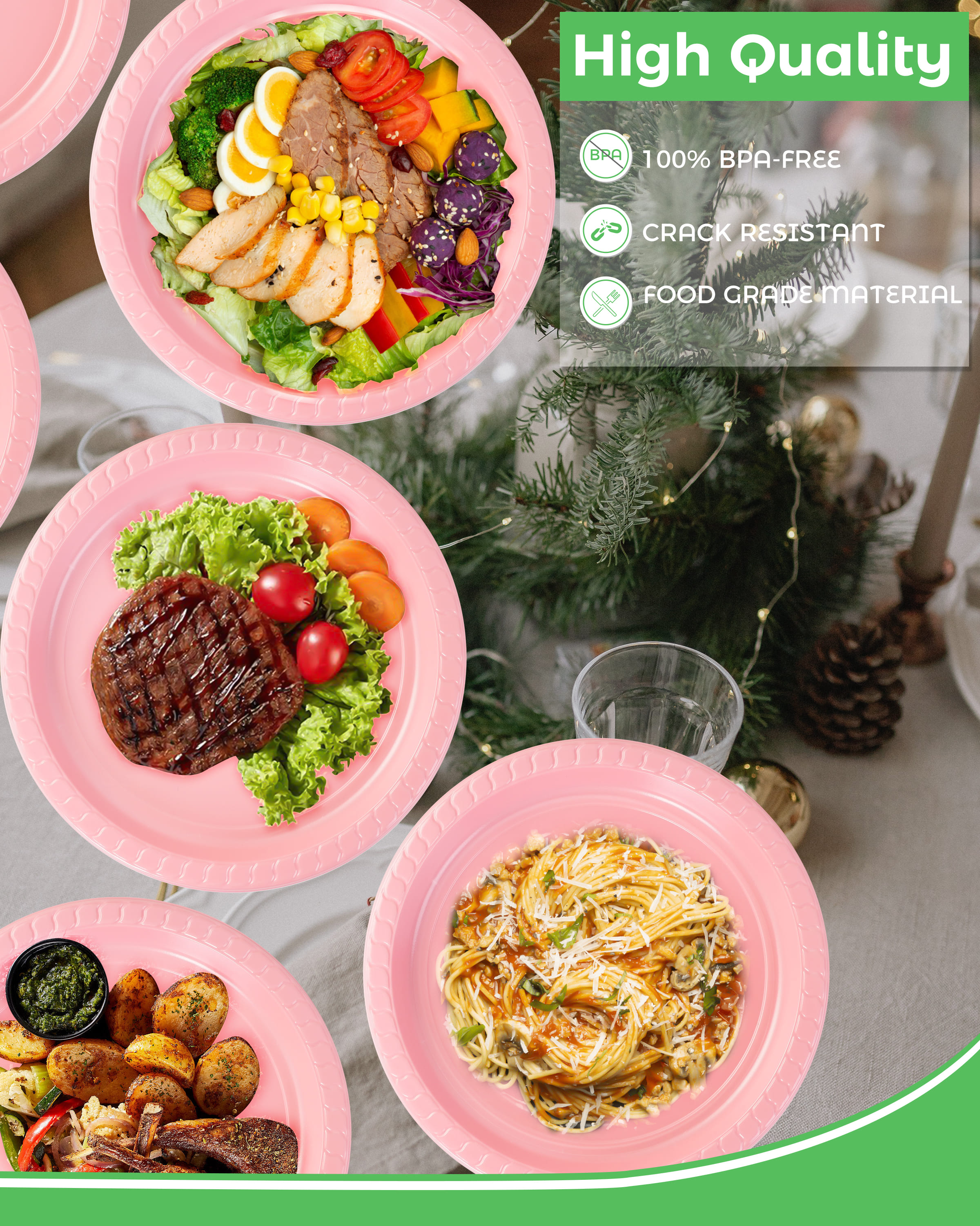 DF DUALFERV 100PCS Heavy Duty Pink Disposable Plates for Parties/Wedding, Including 40PCS 7inch, 25PCS 9inch, 35PCS 10inch Pink Dinner Plates