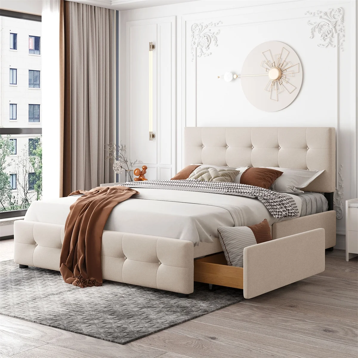 Queen Size Platform Bed Frame with Headboard, Modern Upholstered Platform Bed, Beige