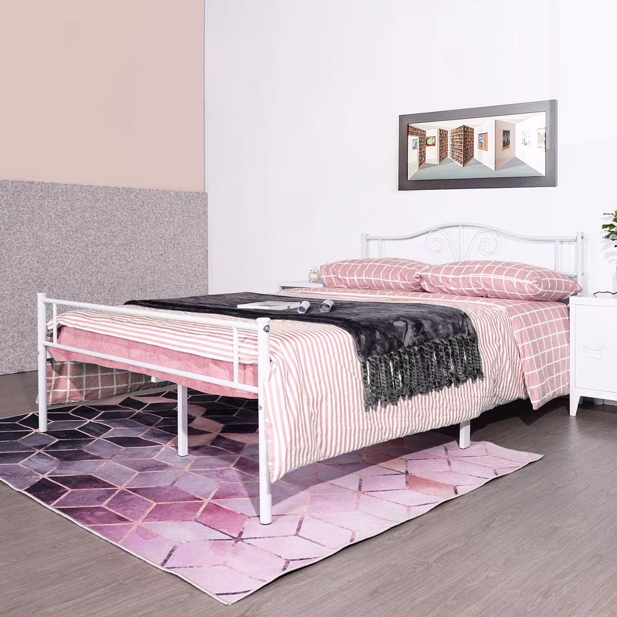 Heavy Duty Metal Queen Size Bed Frame Steel Mattress Foundation White Coated Headboard Single Bed, No Box Spring Needed Storage Needed