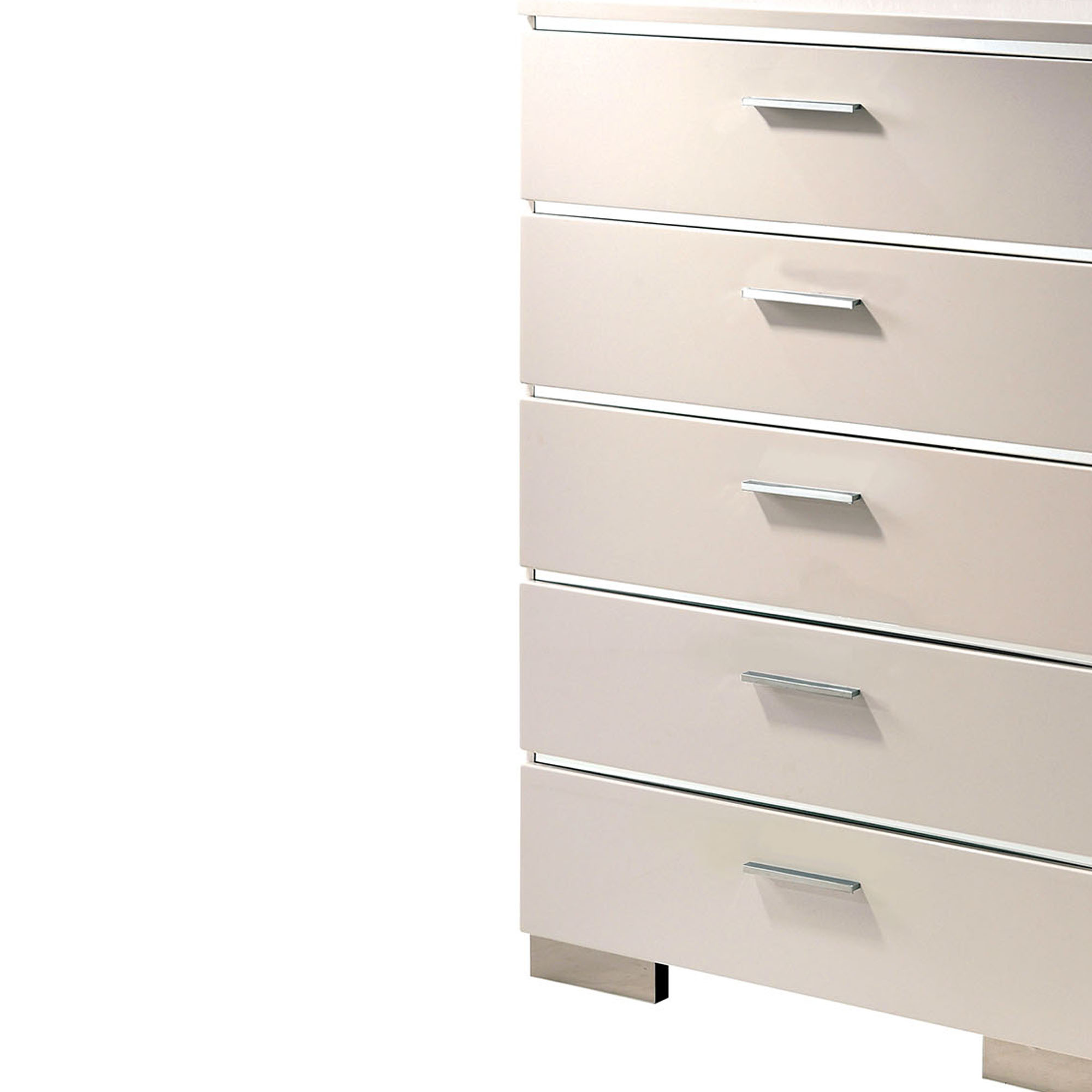 Wood and Metal Chest with 5 Drawers and Block Legs, White and Silver