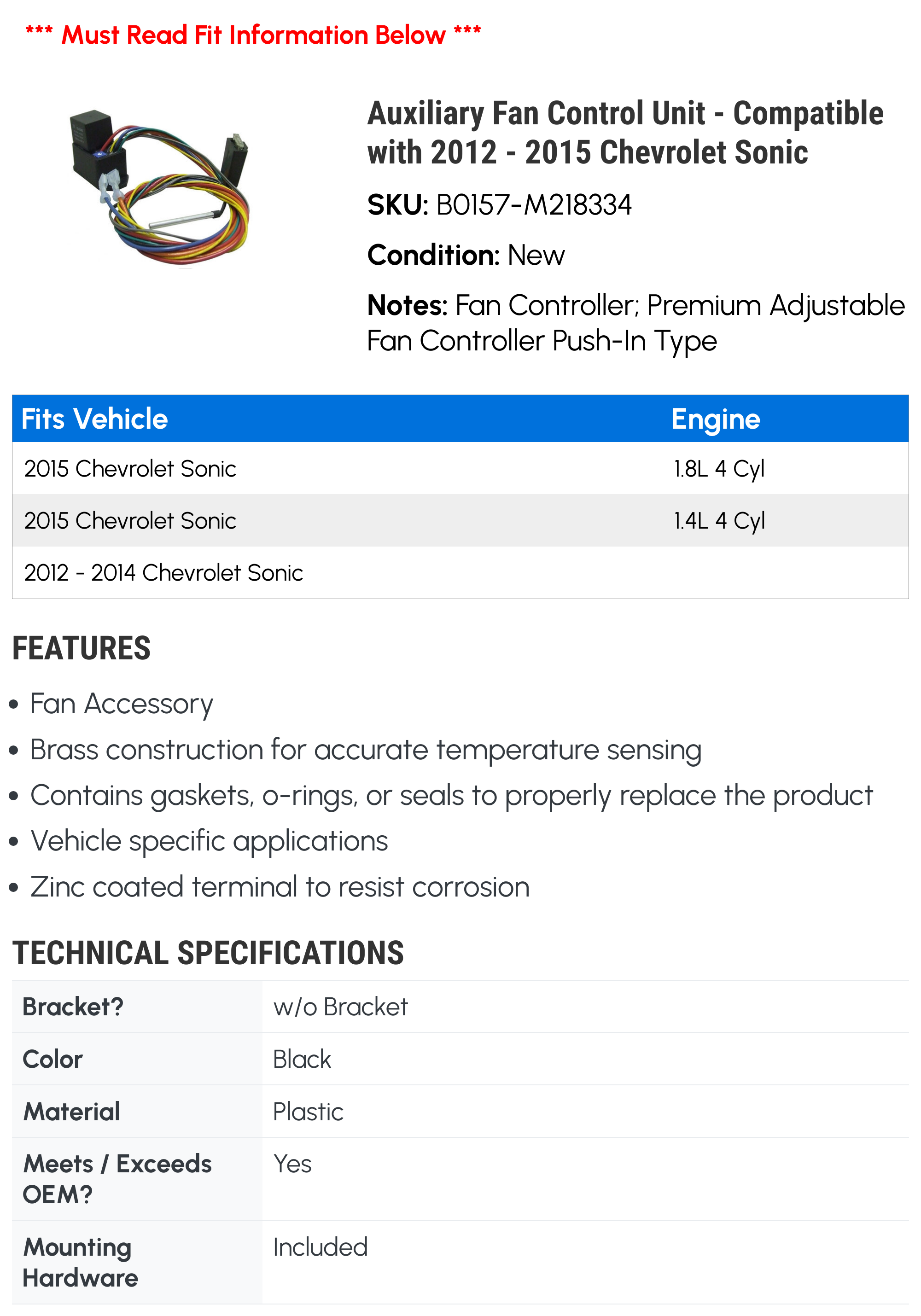Auxiliary Fan Control Unit - Compatible with 2012 - 2015 Chevy Sonic 2013 2014
