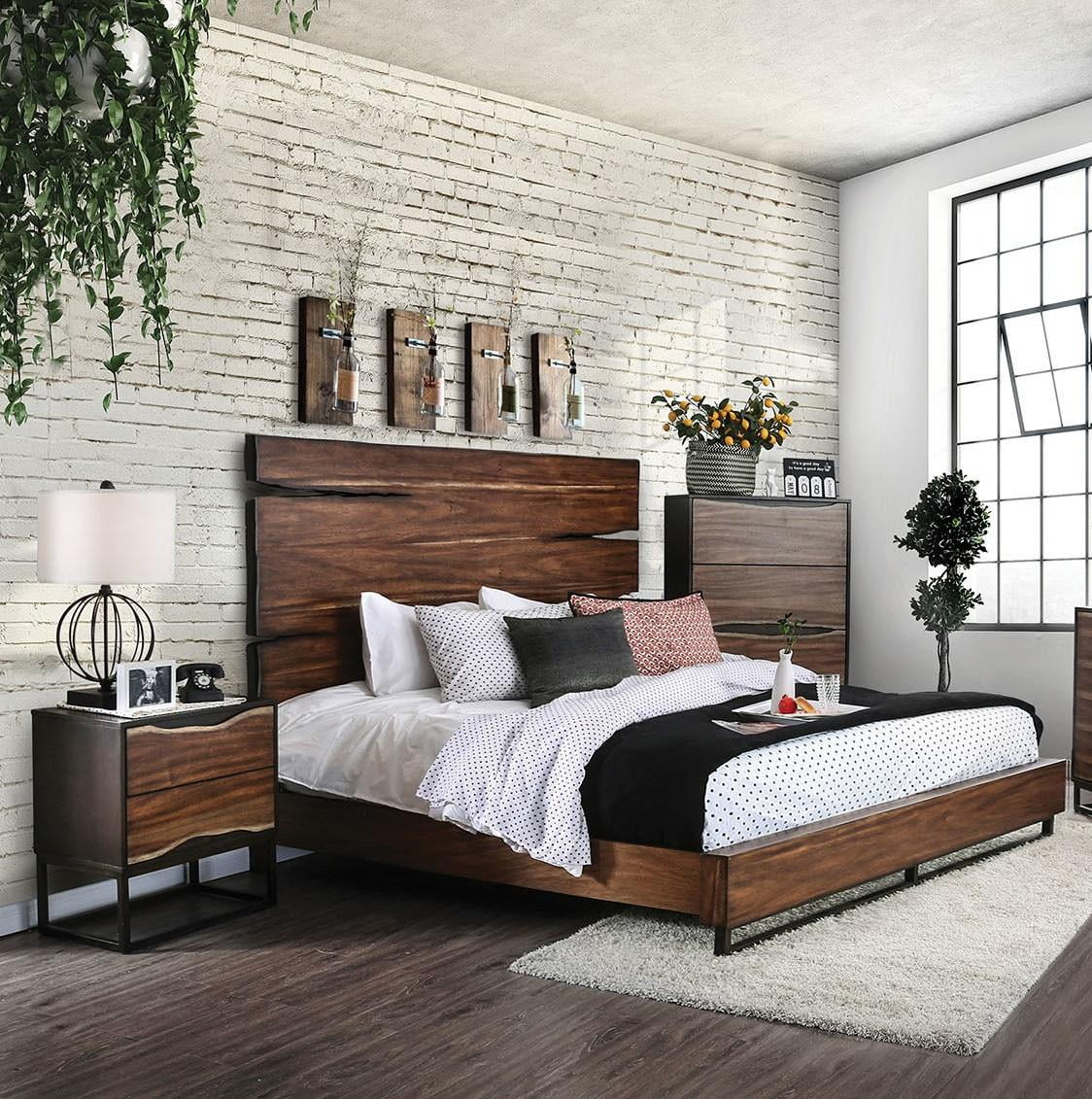 Rustic Dark Walnut & Dark Oak Solid Wood King Bedroom Set 3pcs FOA CM7363 Fulton
