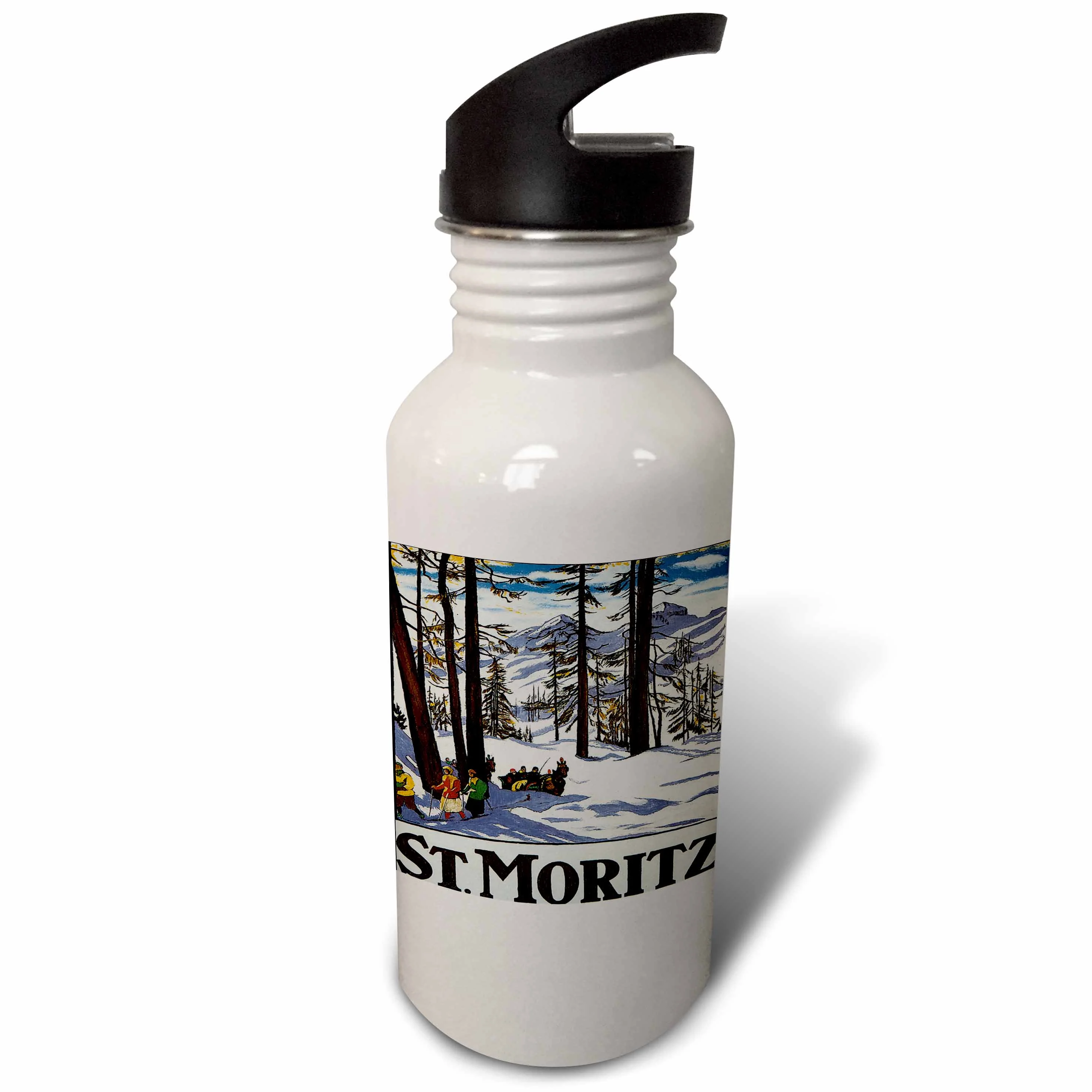St. Moritz Winter Scene with People Skiing and Horse Drawn Sleigh 21 oz Sports Water Bottle wb-170744-1