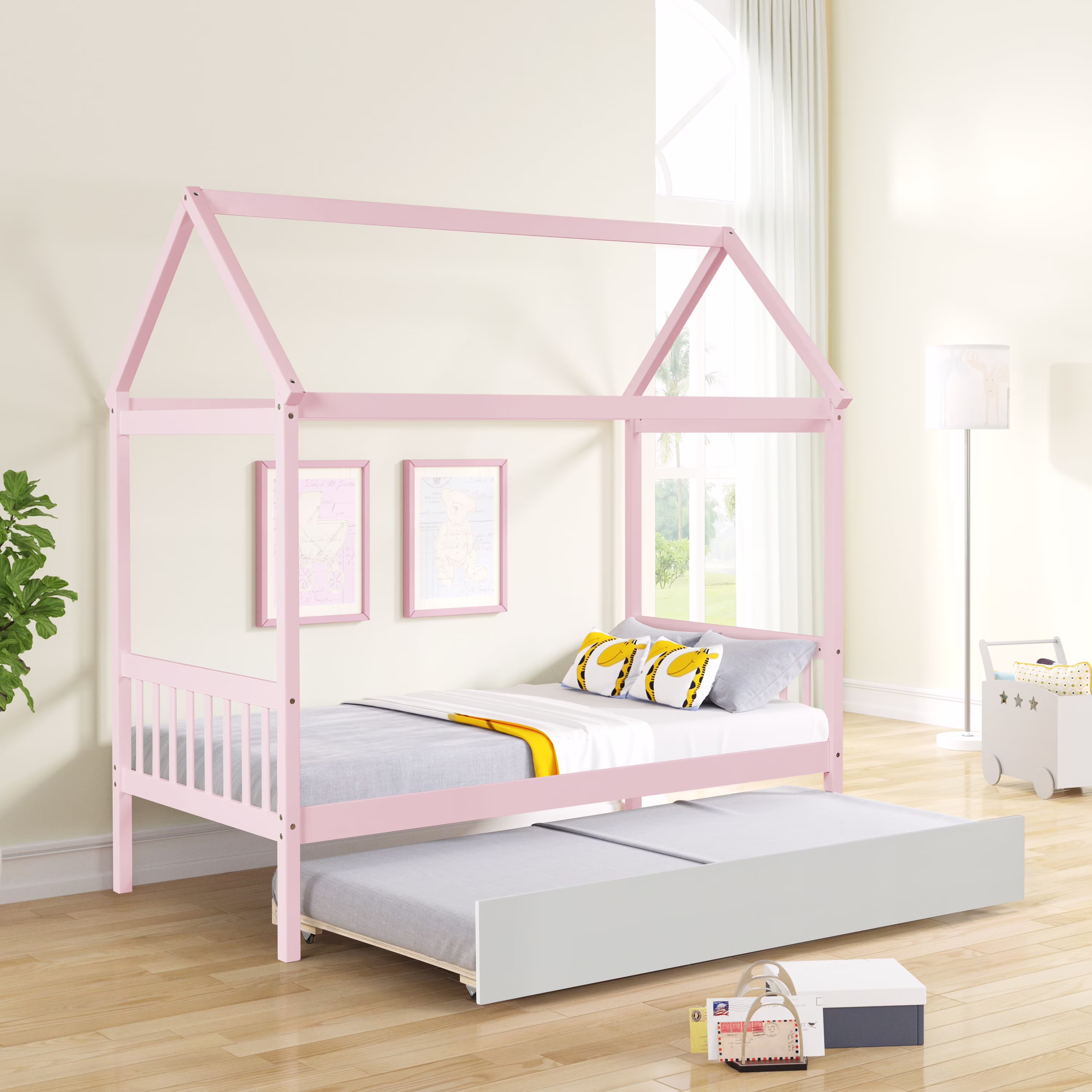 Dcenta WARM PINK TWIN HOUSE BED WITH WHITE TWIN TRUNDLE