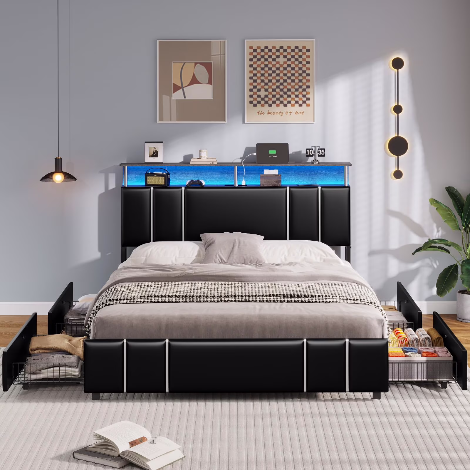 Queen Size Bed Frame with 4  Storage Drawers and Led Headboard,Upholstered Bed Frame with Charging Station,Column Design, Black