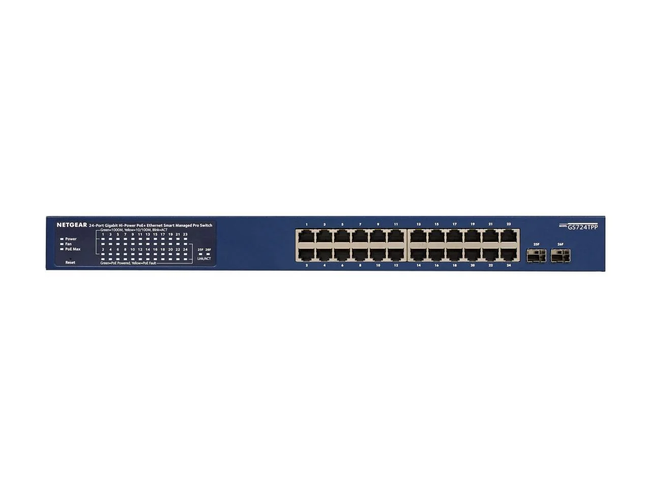 NETGEAR 26-Port PoE Gigabit Ethernet Smart Switch (GS724TPP) - Managed with 24 x PoE+ @ 380W, 2 x 1G SFP, Desktop/Rackmount, and ProSAFE Lifetime Protection