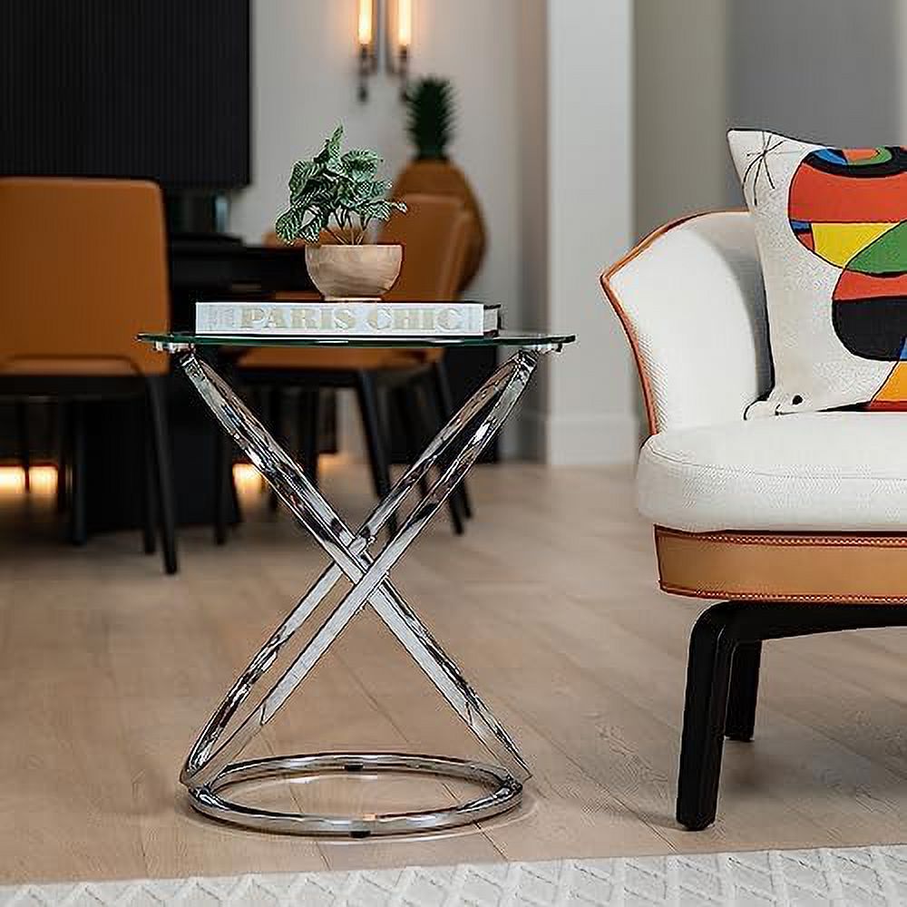 TJUNBOLIFE .  Decor - Galaxy Small Round Clear Tempered Glass and Metal Frame  - Bedside Table \u2013 End Table - Accent Table (Chrome/Clear)