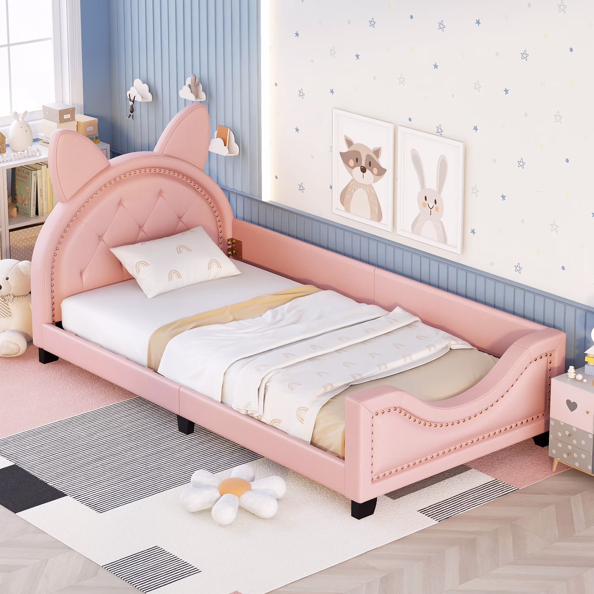 iRerts Twin Size Upholstered Daybed with Carton Ears Shaped Headboard Wooden Cute Twin Platform Bed Frame for Kids, PU Leather, Pink