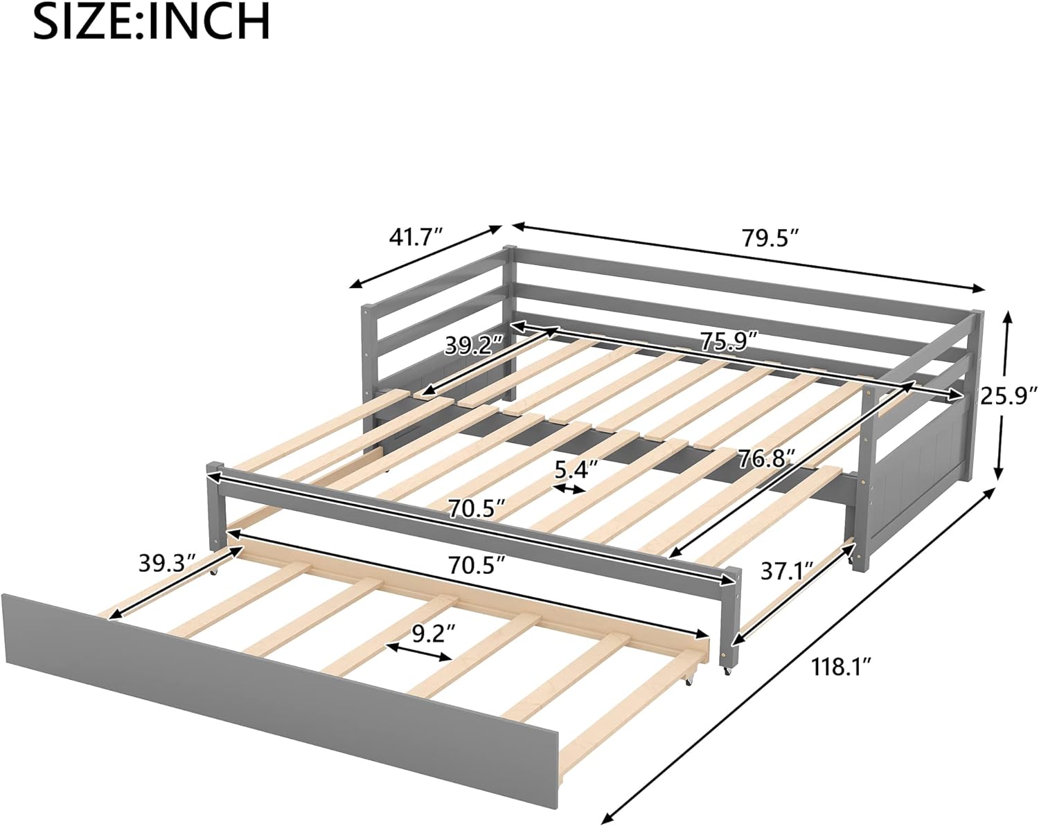 Exedable Daybed Wih rudle, Wood o Dble Daybed Wih Pull rudle, rudle Daybed For Kids ees, Exedig Sofa Bed For Livig Room, Bedroom, Gues Room,Grey