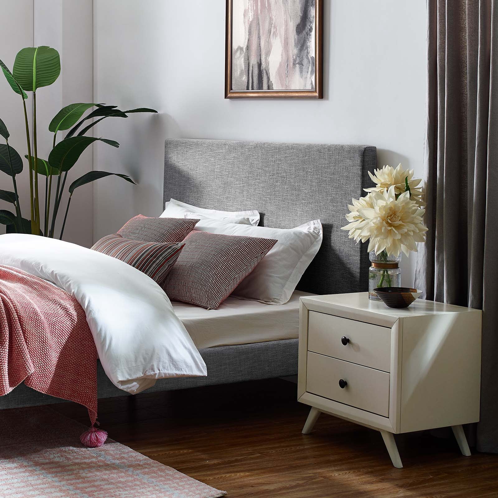 Contemporary Modern Urban Designer Bedroom Full and Queen Size Headbaord, Fabric, Light Grey Gray