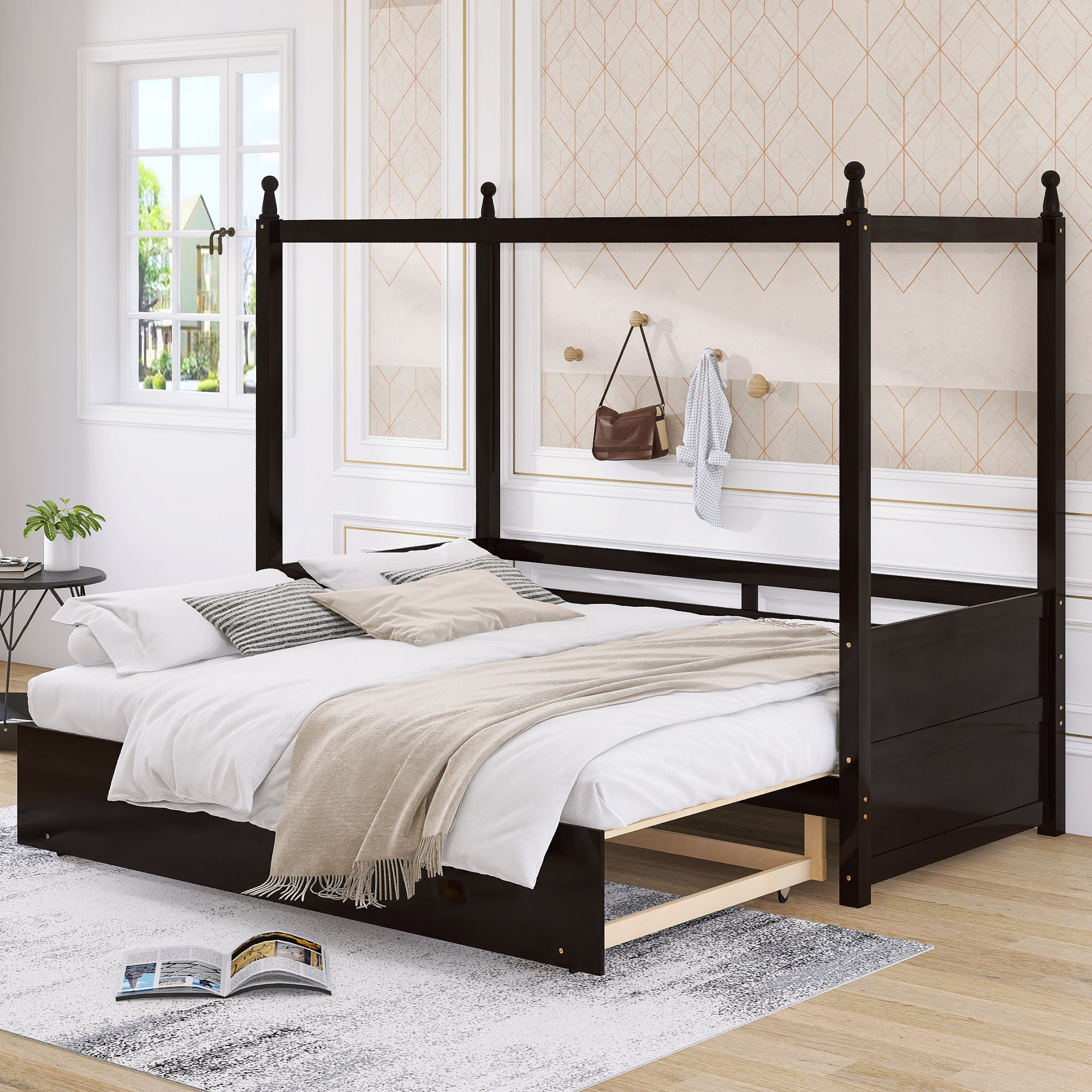 LANTRO JS Twin Size Canopy Daybed or Pull out Platform Bed, Espresso